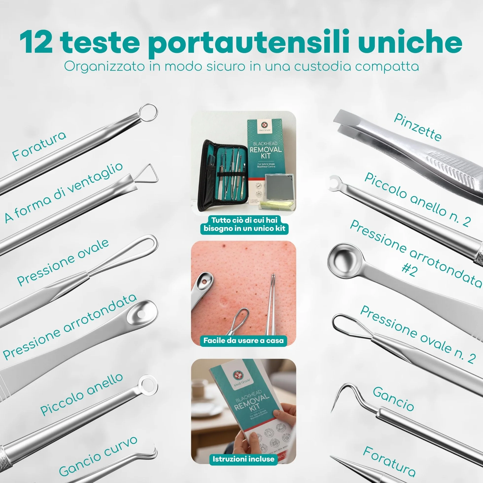 Medi Grade Kit Schiaccia Brufoli e Estrattore Punti Neri Medi Grade, Set di 7 Strumenti Togli Punti Neri
