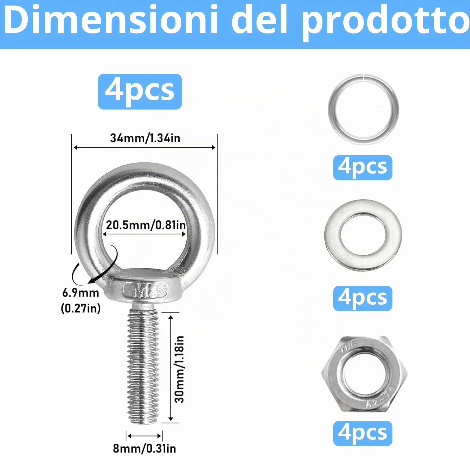 Bulloni Occhiello M8 x 30mm Acciaio Inox 304 Golfare per Sollevamento Fissaggio
