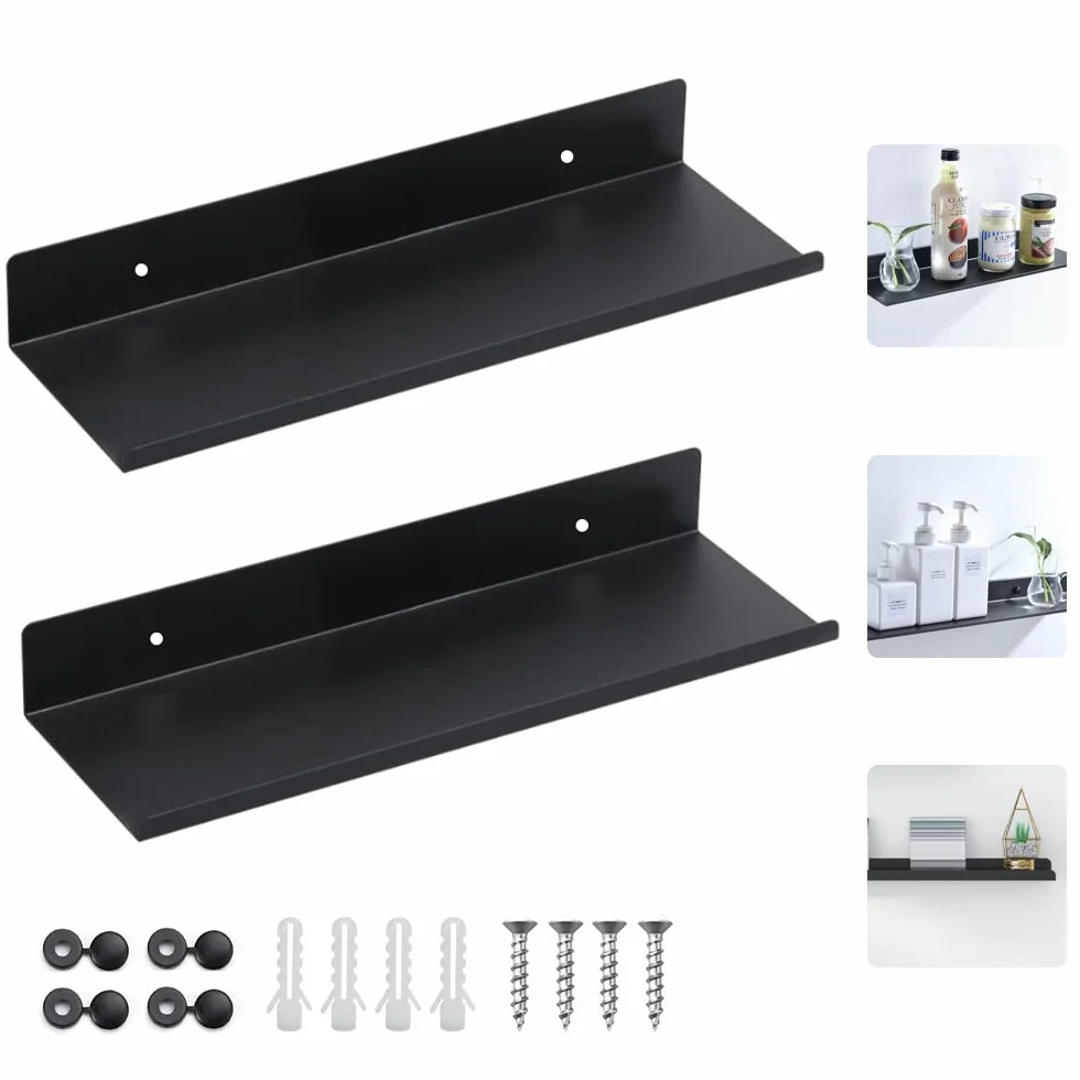 Mensola Bagno Nera da Muro 30CM in Metallo Moderne 2 Pezzi con Fori e Viti