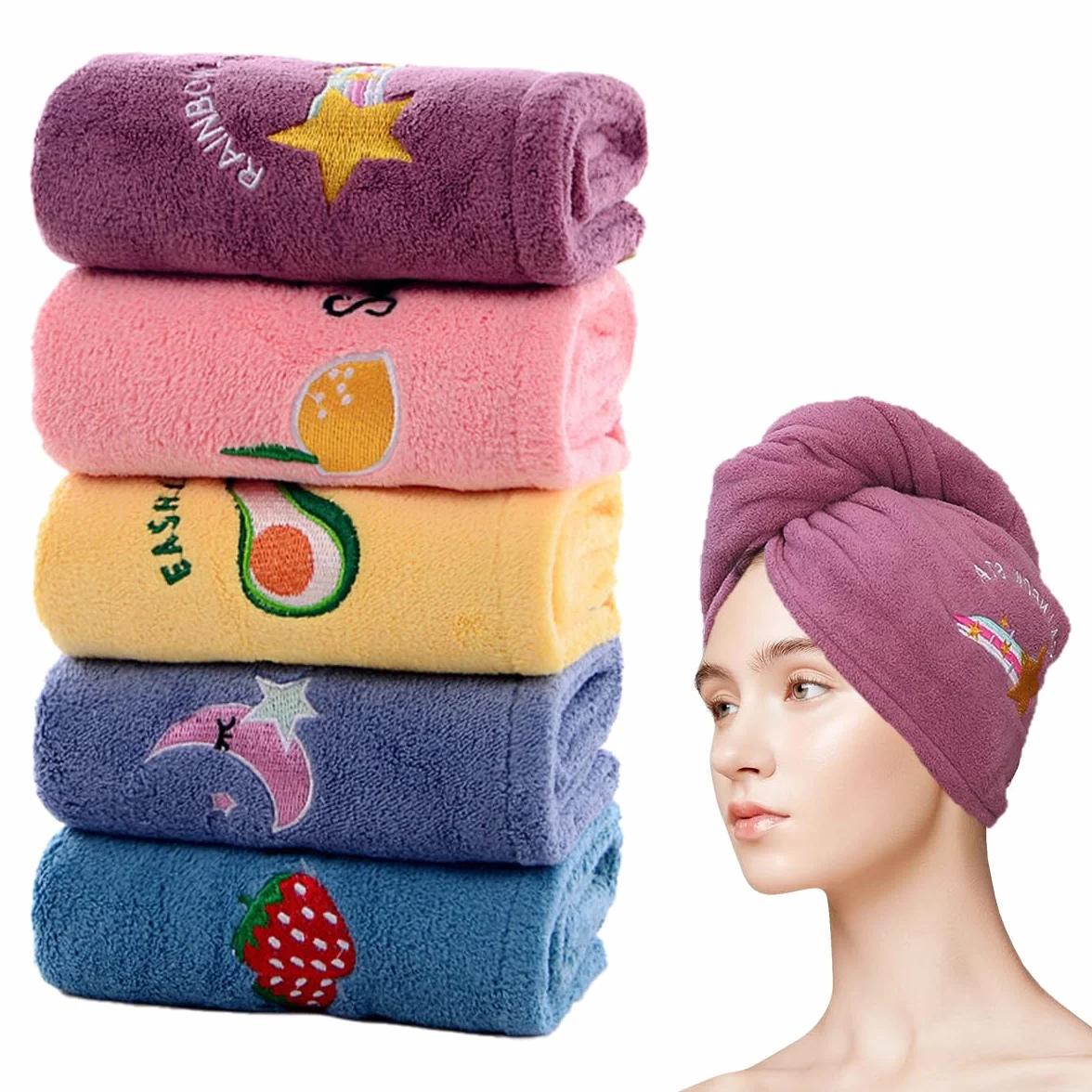 5 Pezzi Asciugamano per Capelli Asciutti, con Bottoni Turbante Asciugacapelli, Super Assorbente Donne e Ragazze Asciugamani Capelli, Twist Turbante Capelli per Capelli Lunghi, Corti, Ricci e Lisci