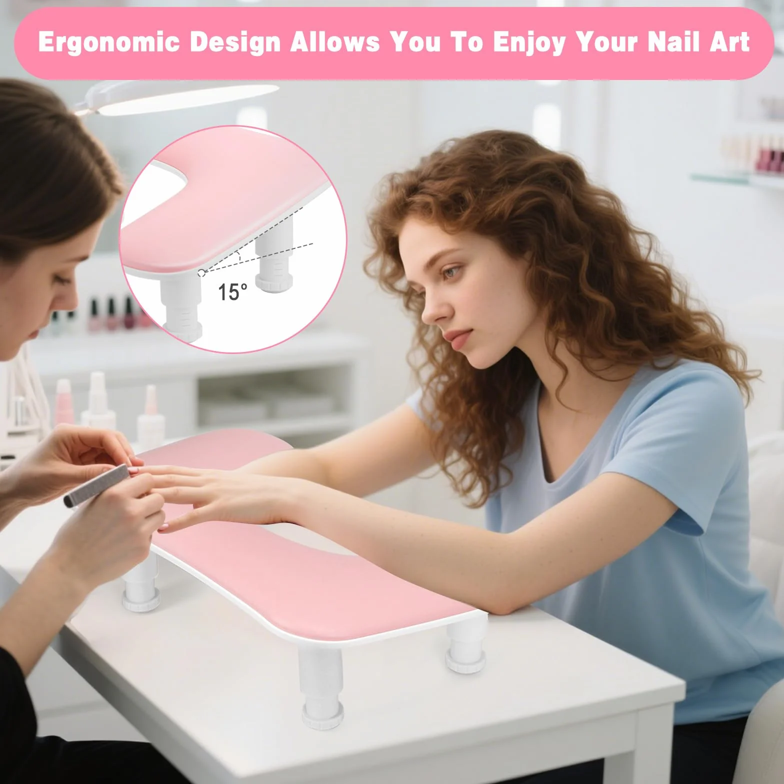Bracciolo a forma di U per manicure e nail art, con regolazione in altezza, antiscivolo, in pelle PU, per manicure e nail art (rosa)