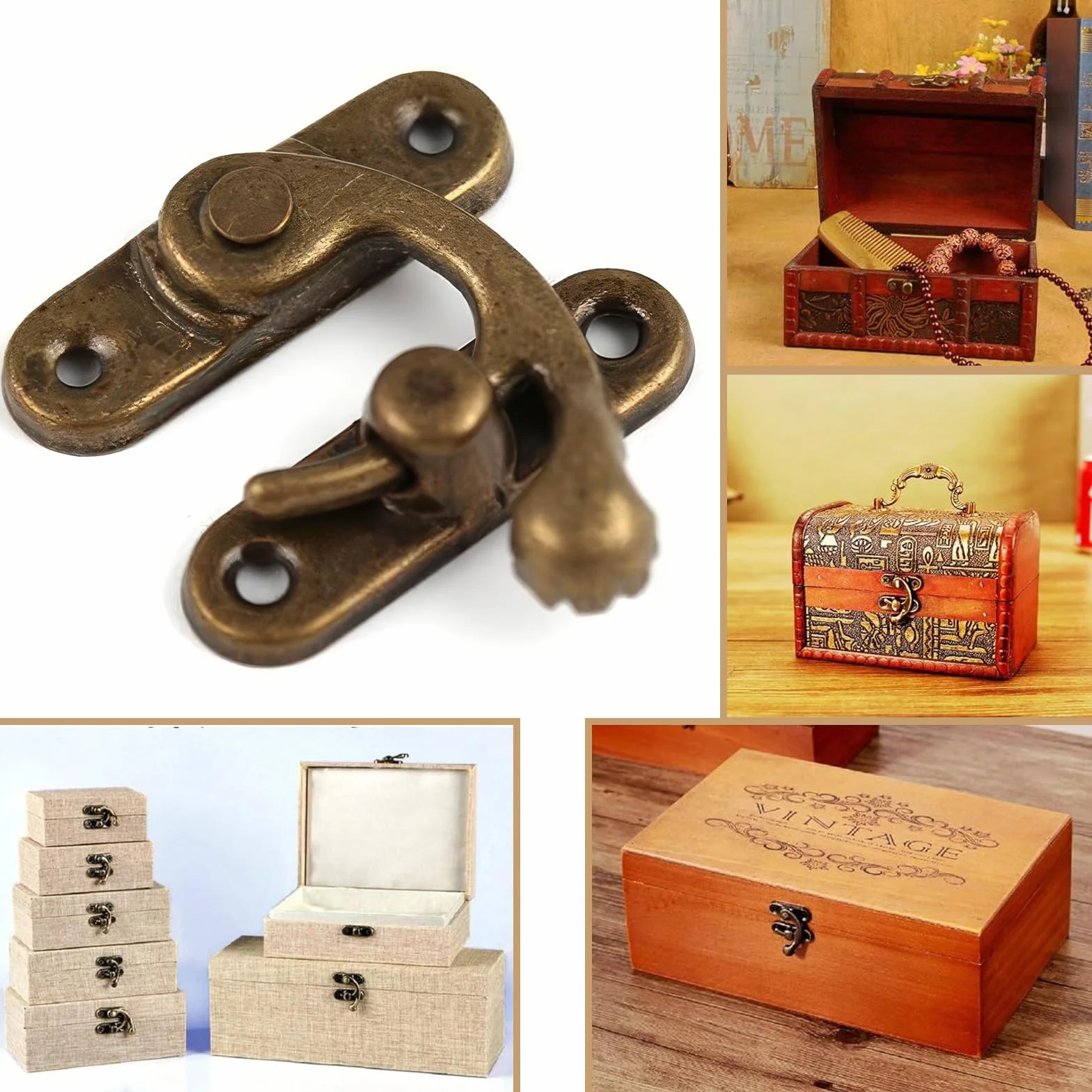 Fermaglio a Gancio in Antico Bronzo 3 Pezzi con Viti per Scatola Gioielli Cassetto Armadietto