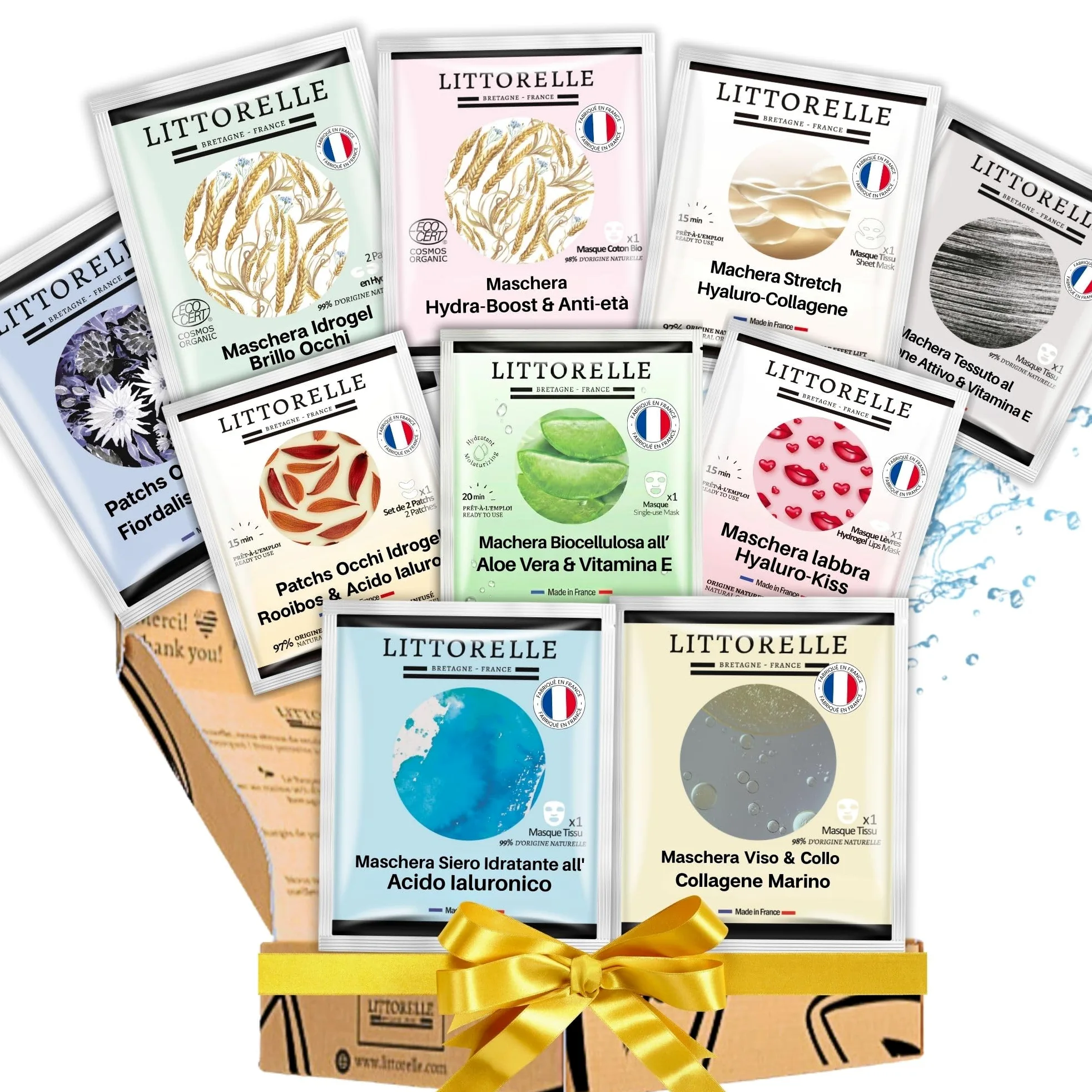 Cofanetto Bellezza 10 Maschere Viso in Tessuto & Patch Occhi Idrogel - Made in France - Idratante, Anti-Età, Detox al Collagene, Acido Ialuronico, Aloe Vera - 96% Origine Naturale - 2 Certificate Bio