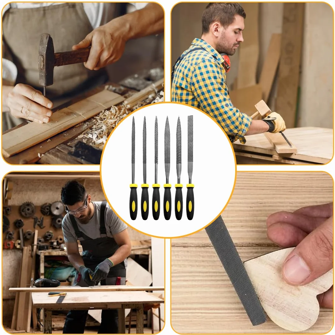Set di 6 Lime e Raspe in Acciaio ad Alto Tenore di Carbonio - Piatto, Triangolare, Semitondo, Rotondo per Legno e Metallo