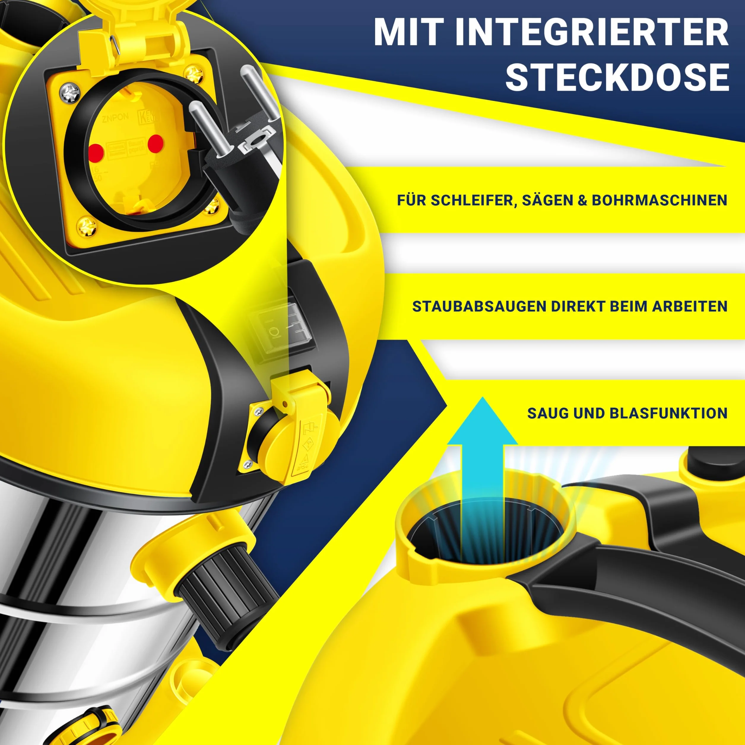 Masko Aspirapolvere industriale acciaio inox 2300 W presa corrente aspirazione secco umido soffiaggio Push&Clean Giallo