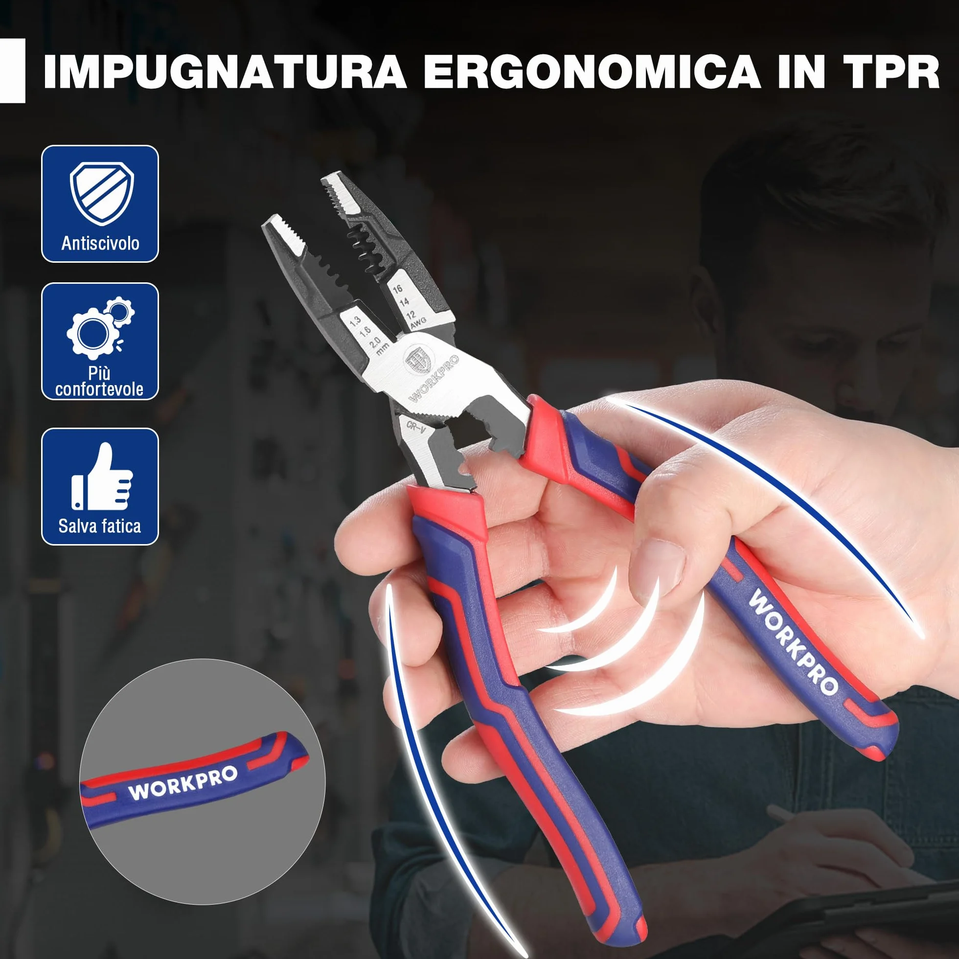 WORKPRO Pinza Combinata 5 in 1 209mm 16-12 AWG (1,3-2,0mm) Cr-V per Elettricisti