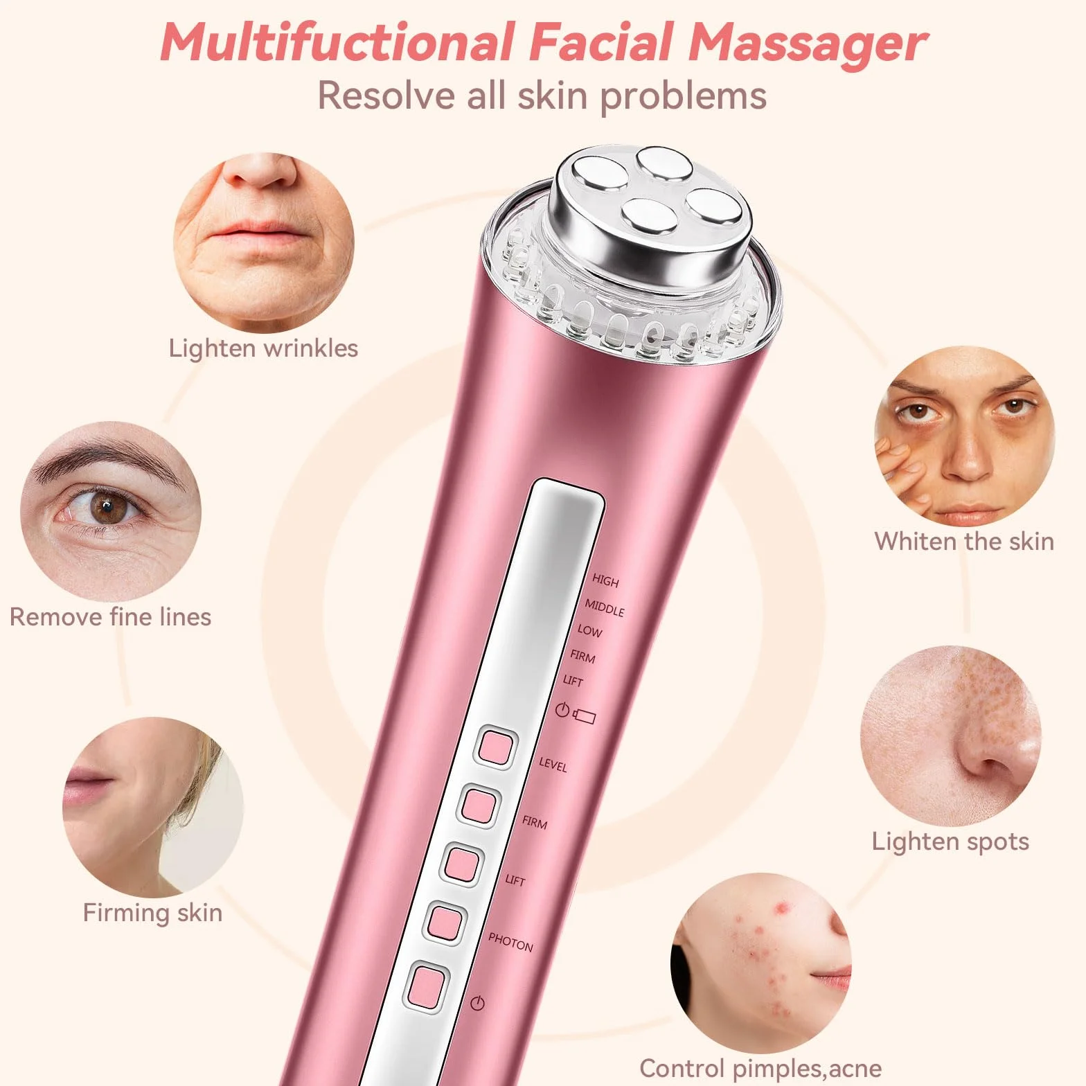 CARER BEAUTY Massaggiatore Viso Radiofrequenza Dispositivo di Bellezza Viso Anti-Rughe con Terapia a 3 Luci LED per Ridurre le Rughe Anti-Invecchiamento e Rassodare la Pelle