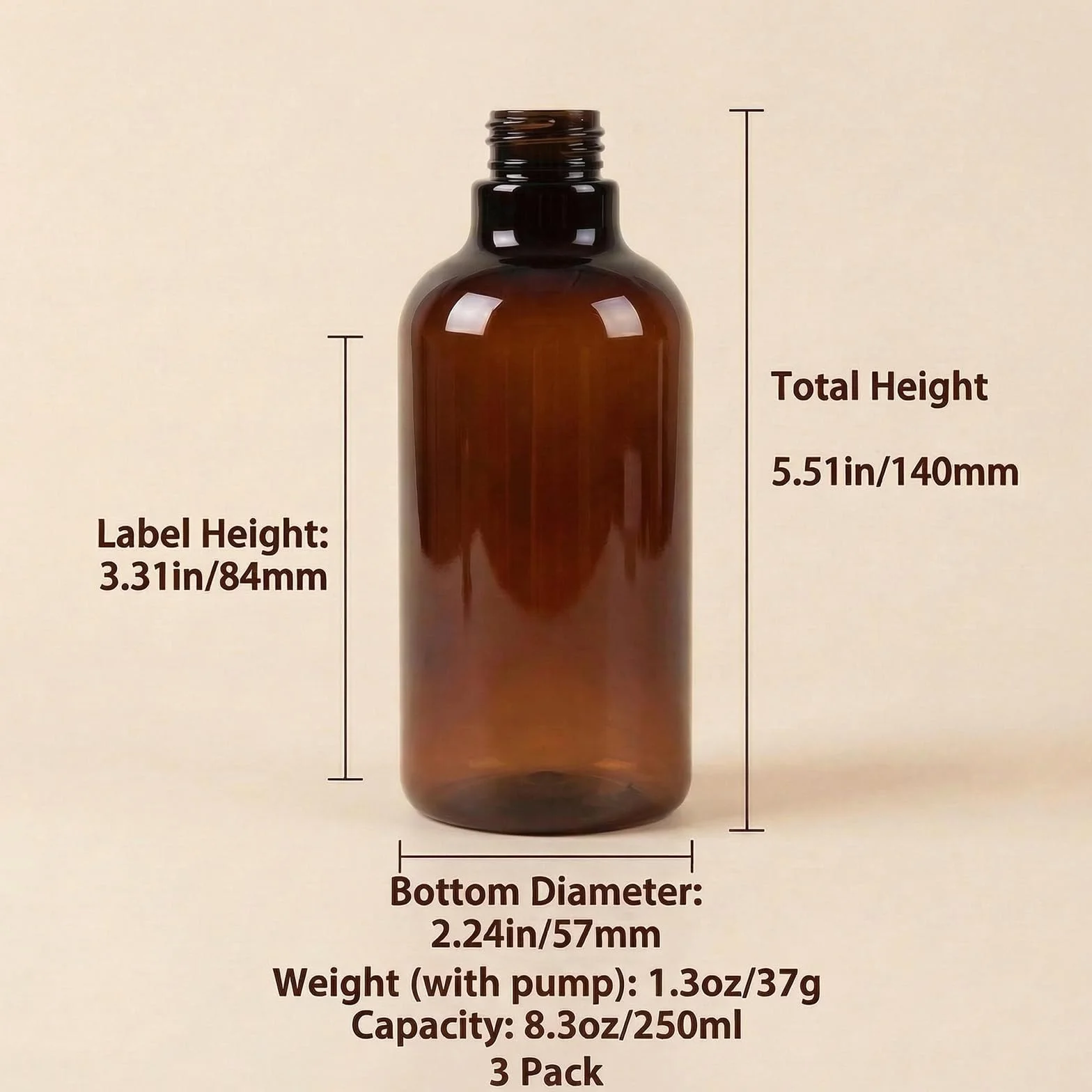 3 bottiglie ricaricabili in plastica PET marrone ambrata da 250 ml, con pompa nera, contenitori vuoti per cosmetici, shampoo, balsamo, gel doccia, lozioni, dispenser, Marrone, 250 ML