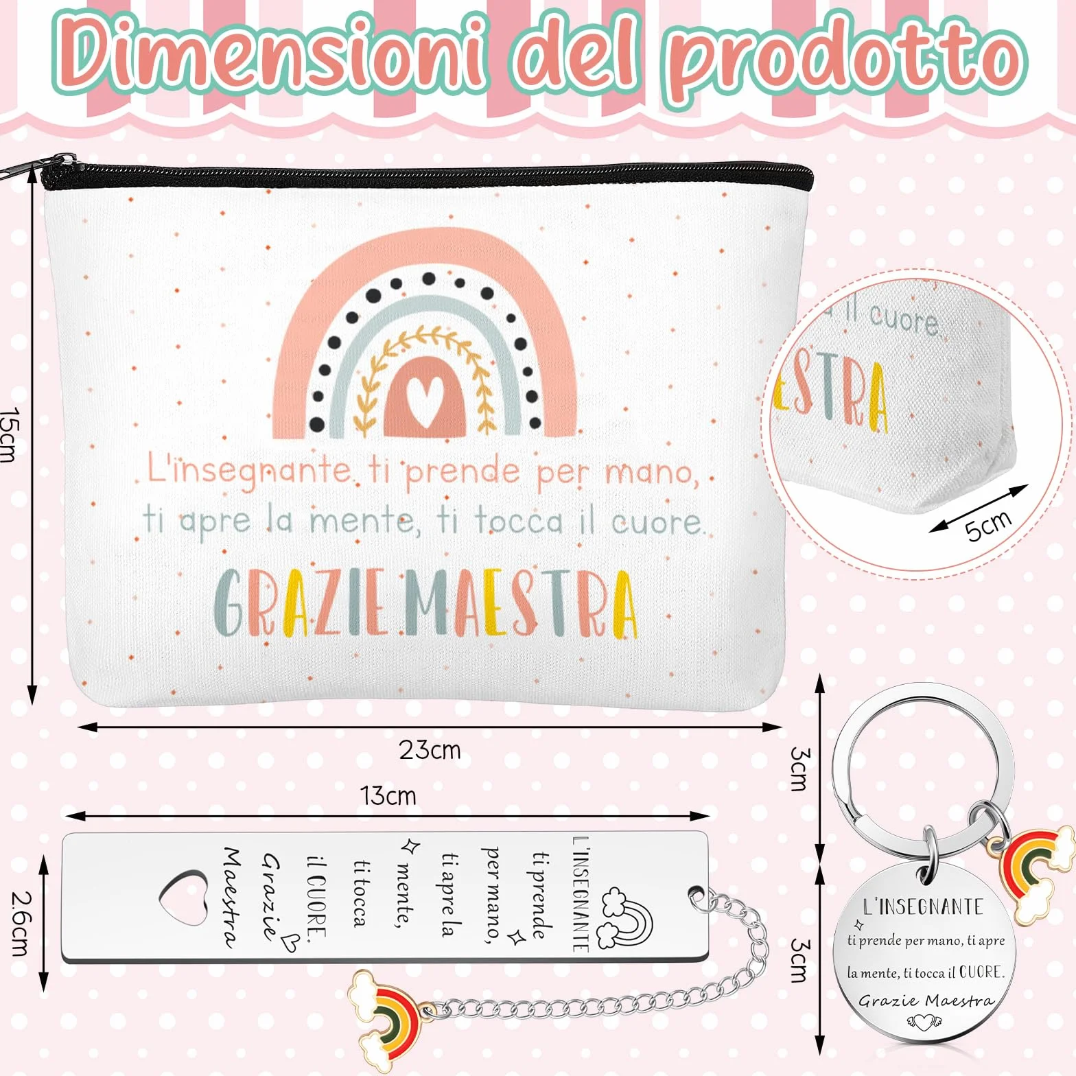 Hestya 6 Regalo di Ringraziamento per Insegnanti Borse in Tela Arcobaleno con Trousse per il Trucco Quaderno a Spirale Segnalibro Penna a Sfera e Portachiavi Apprezzamento per Maestre