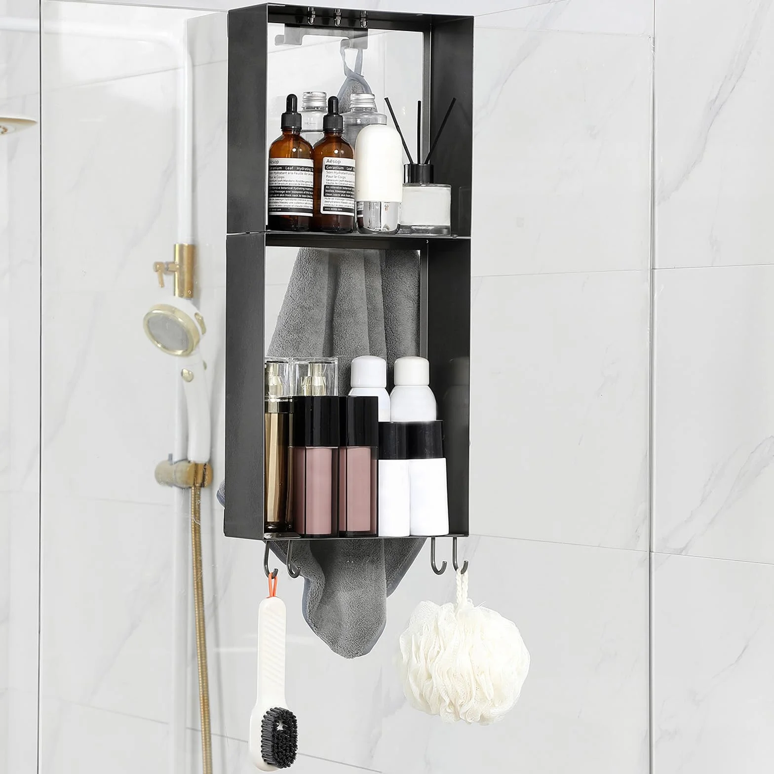 Mensola Doccia SUS 304 Acciaio Inox Porta Shampoo con Gancio Nero