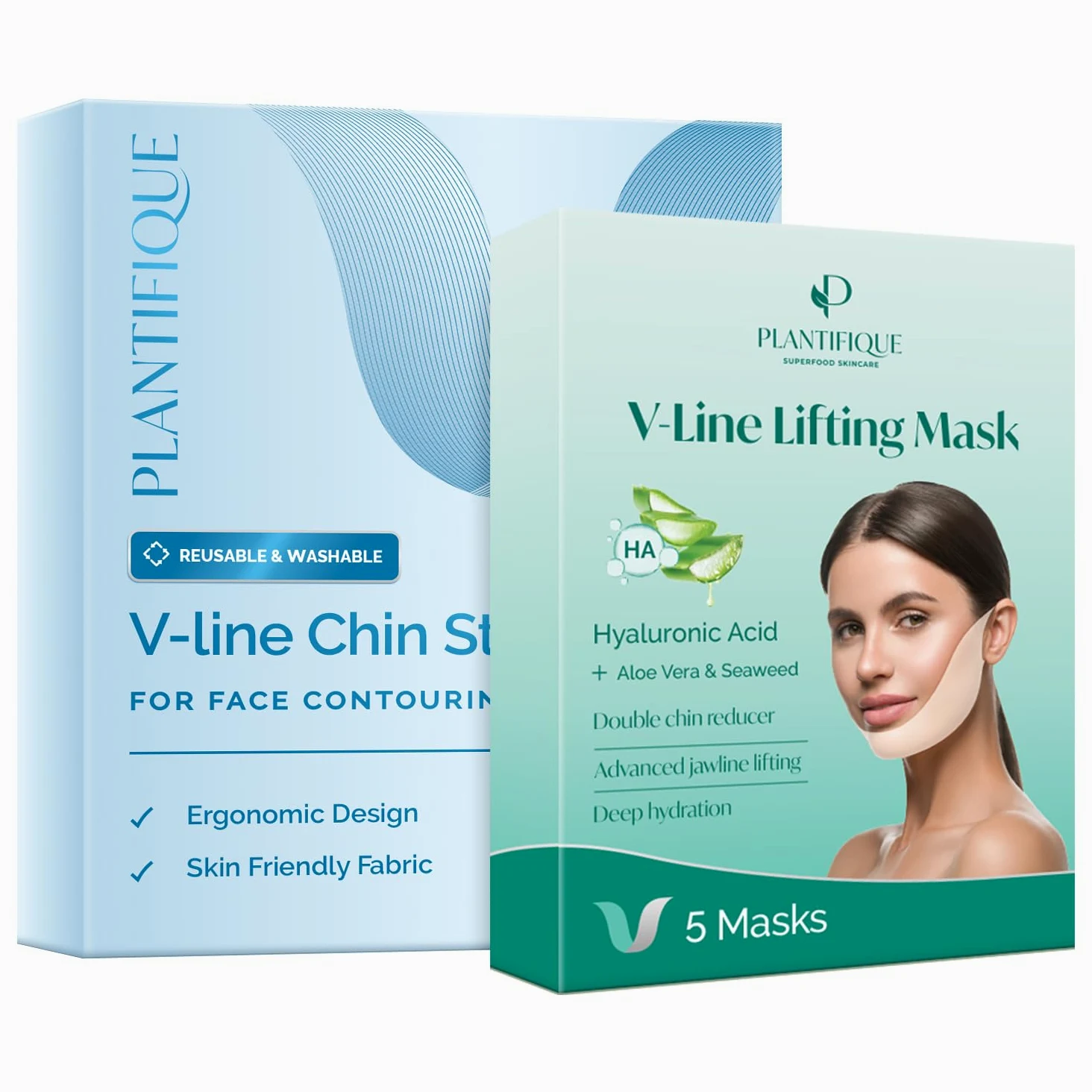 PLANTIFIQUE Maschera Doppio Mento Contorno - Riutilizzabile e Regolabile & Doppio Mento Cintura Viso V-Line - Maschere Rassodanti per un Contorno Viso Scolpito e Tonico - 5 Maschere
