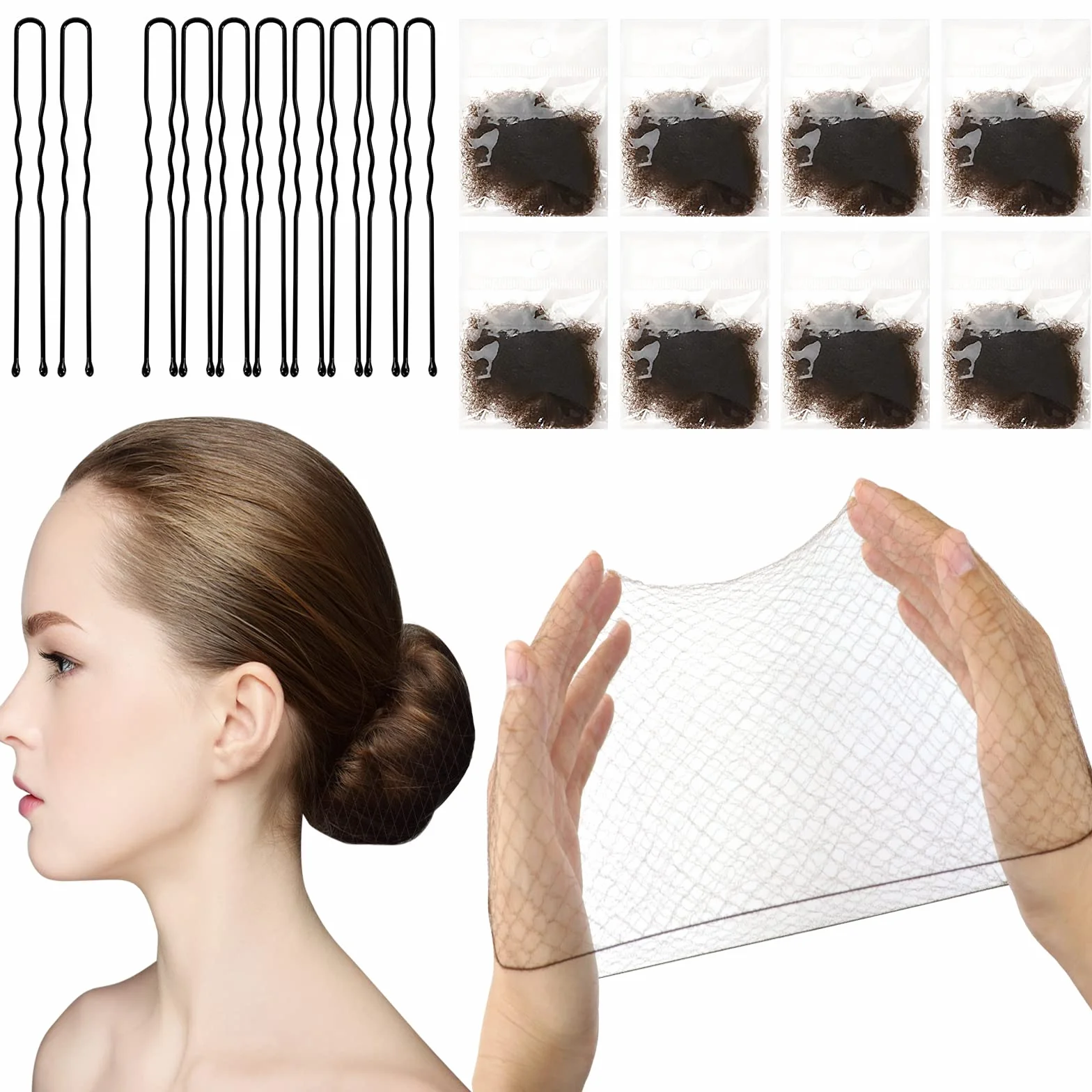 Sularpek Retine per Capelli Invisibili per chignon, 24 Pezzi e 10 forcine capelli forma U, Bambina per fissare parrucche capelli e chignon