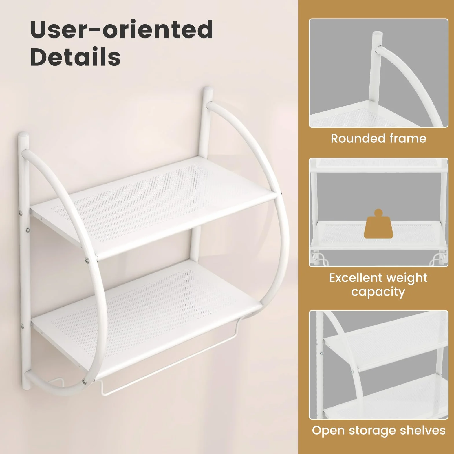 GIANTEX Porta Asciugamani Bagno da Parete, Mensola Doccia con 2 Ripiani e 2 Portasciugamani, Antiruggine, 45x25,5x55 cm Bianco