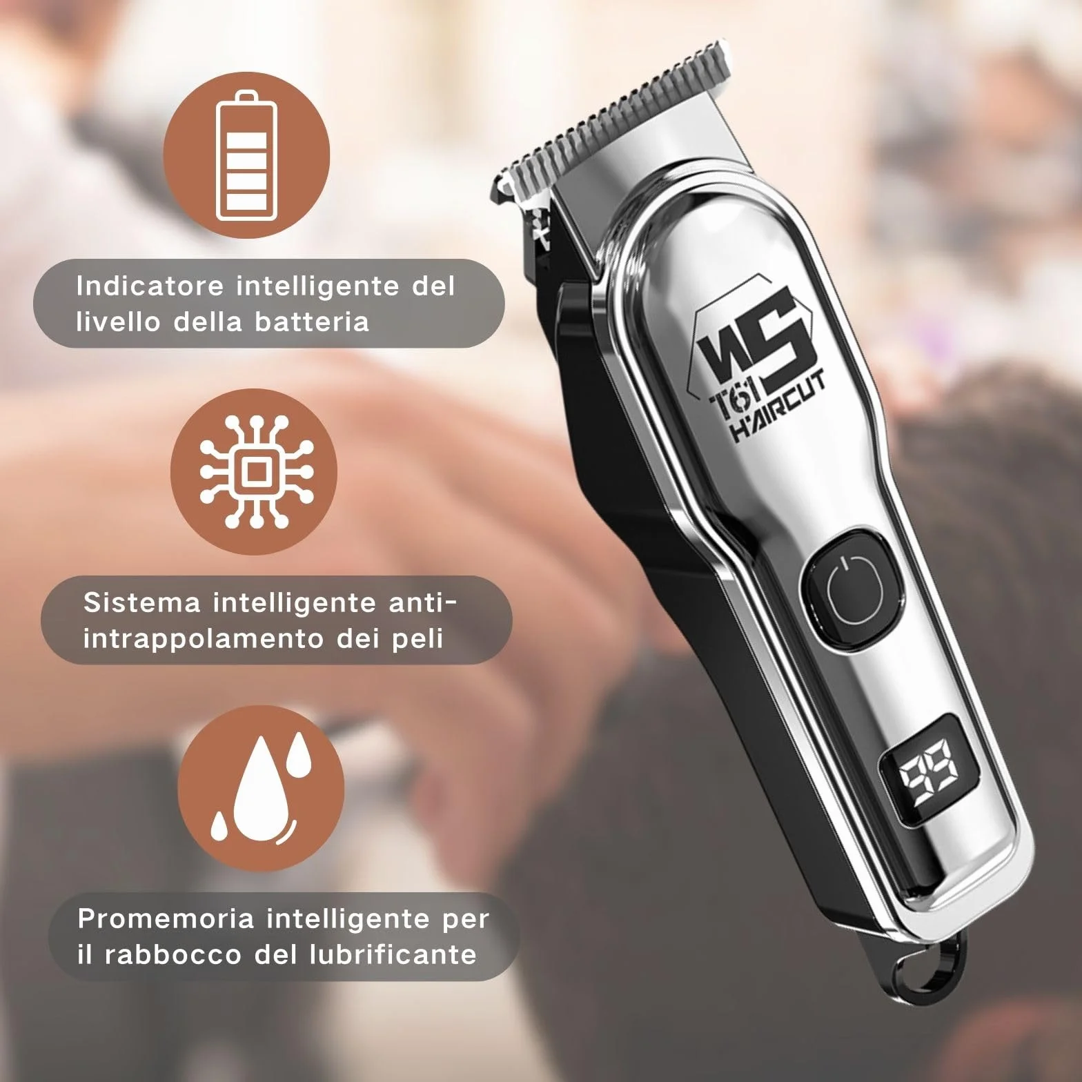 Tagliacapelli Uomo Professionale, Tagliacapelli Senza Fili per Macchinetta per Capelli, Taglio di Precisione, Lame in Titanio, Indicatore Intelligente Della Batteria, Argento