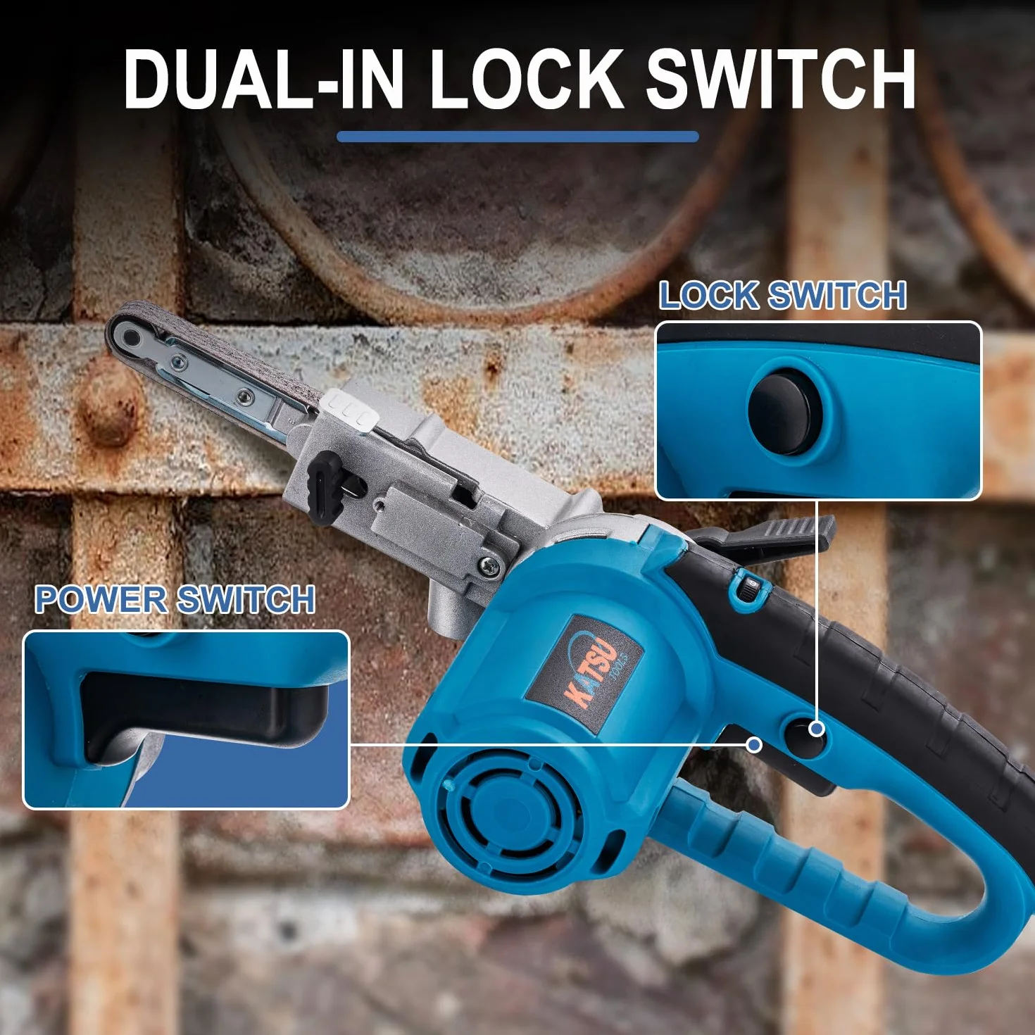 KATSU Tools Levigatrice a nastro elettrica 400 W, levigatura e lucidatura, include nastri abrasivi e sacchetto polvere
