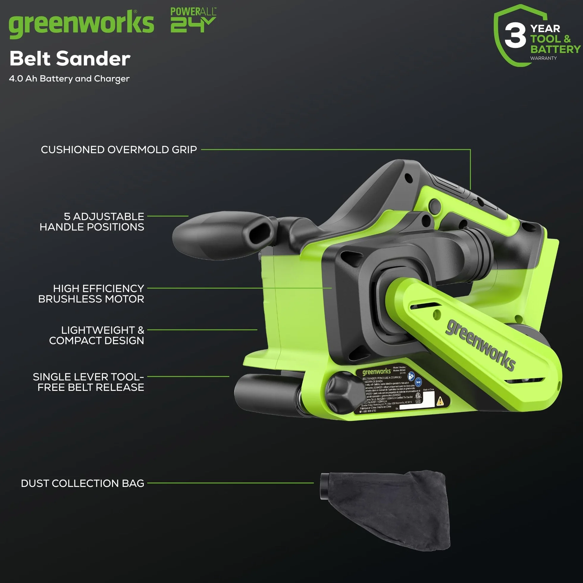Greenworks Levigatrice a Nastro Senza Fili Senza Spazzole 24V 7,6x45,7 cm