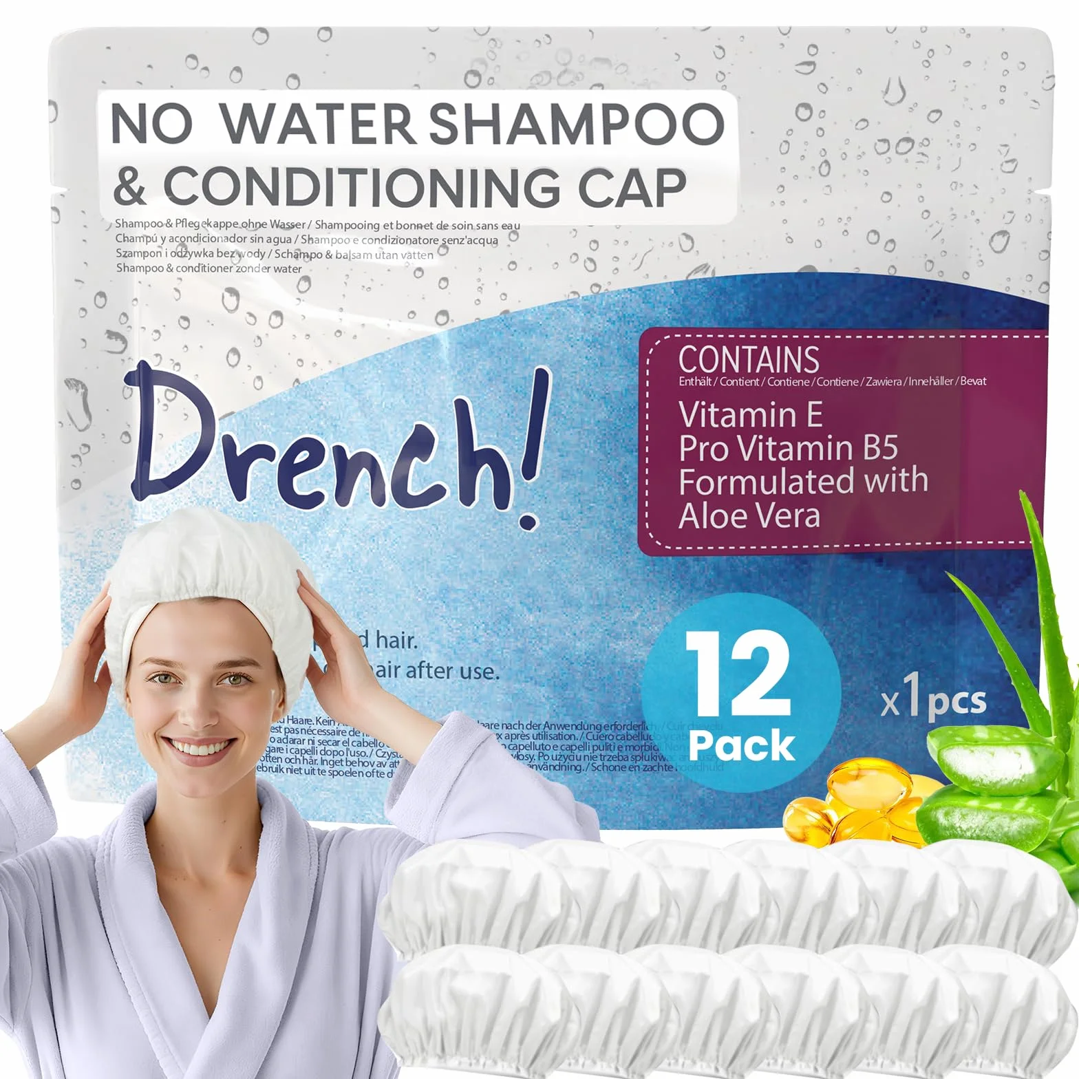 Drench! Medical Cuffia Shampoo Secco senza Acqua - 12 Unità - Balsamo senza Risciacquo - Facile da Usare per Anziani e Costretti a Letto - Con Vitamina E e Provitamina B5