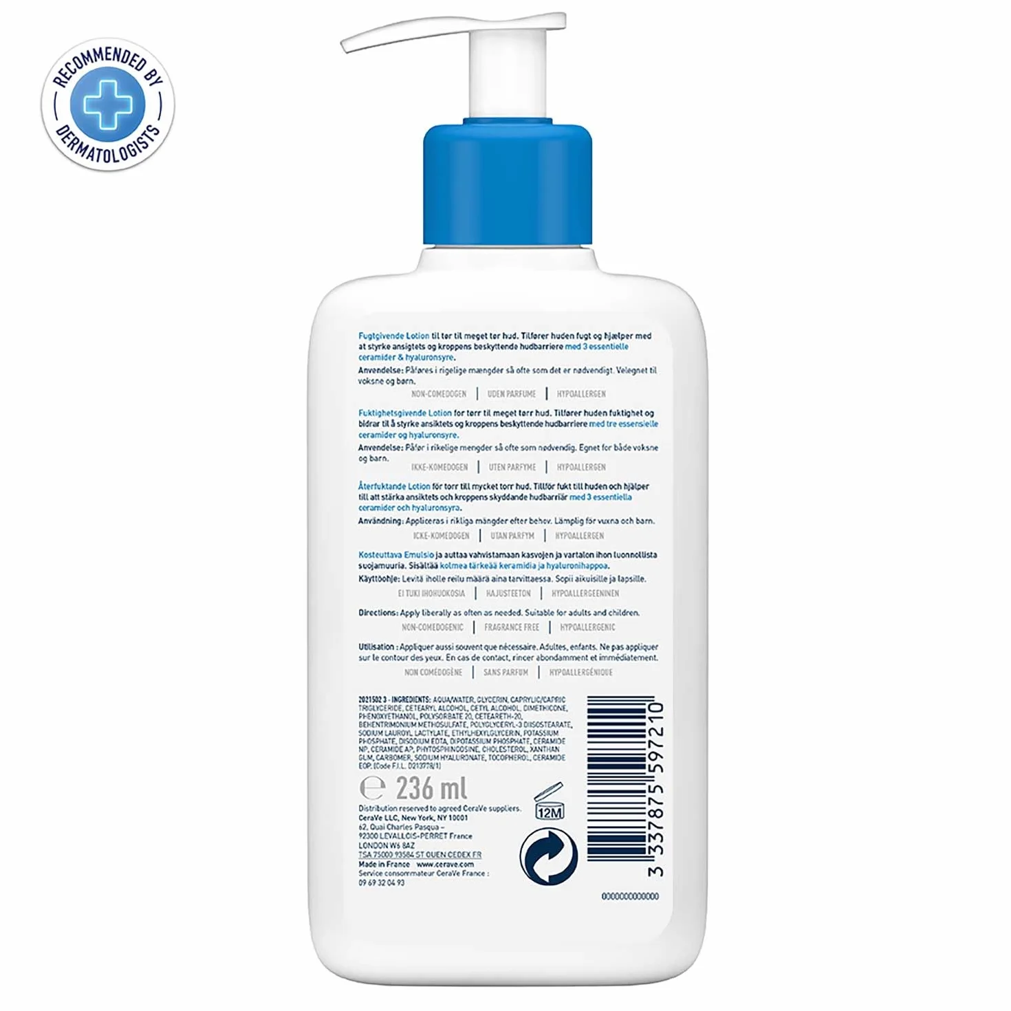 CeraVe Lozione idratante, viso e corpo, per pelli secche e molto secche, 236 ml