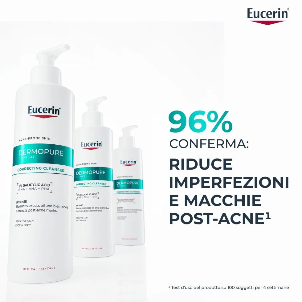 Eucerin DermoPure Clinical Detergente Viso Tripla Azione 400 ml, Detergente schiumogeno viso anti macchie, imperfezioni e lucidità con 2% Acido Salicilico per pelle grassa e a tendenza acneica