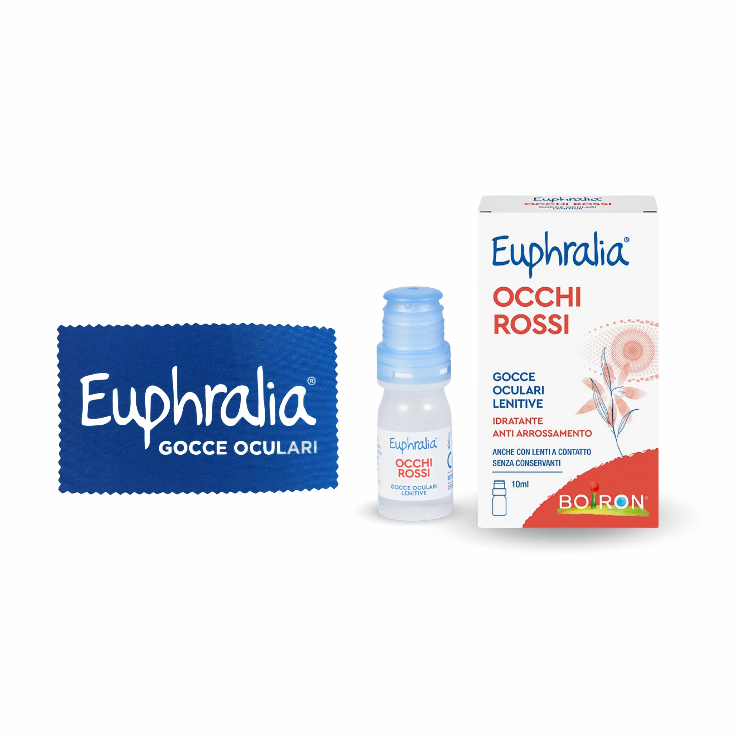Euphralia Occhi Rossi - Gocce Oculari Lenitive, Rimedio in caso di Discomfort Oculare e Arrossamento, Idratante, con Acido Ialuronico, Acqua Distillata di Camomilla - Flacone da 10 ml + Panno Occhiali