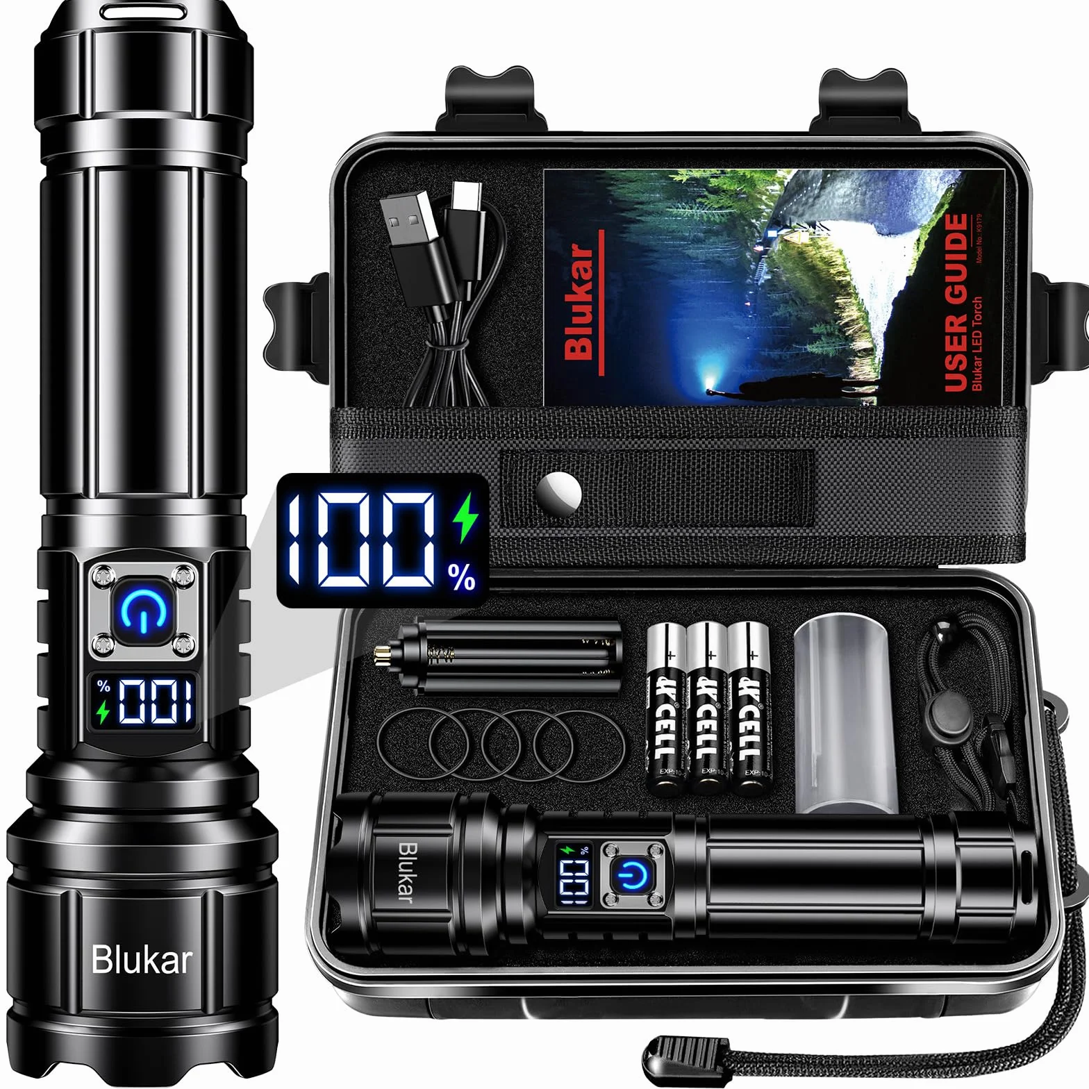 Blukar Torcia LED Professionale Ricaricabile 5 Modalità IP67 Impermeabile Zoomabile