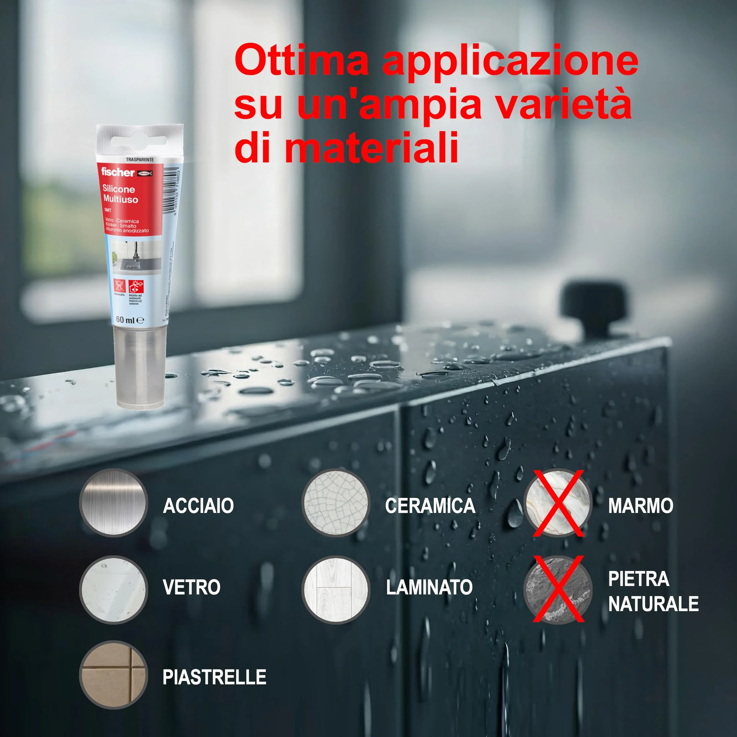 Fischer SMT Silicone Sigillante Multiuso Trasparente Antimuffa Acetico Universale Tubetto 71880