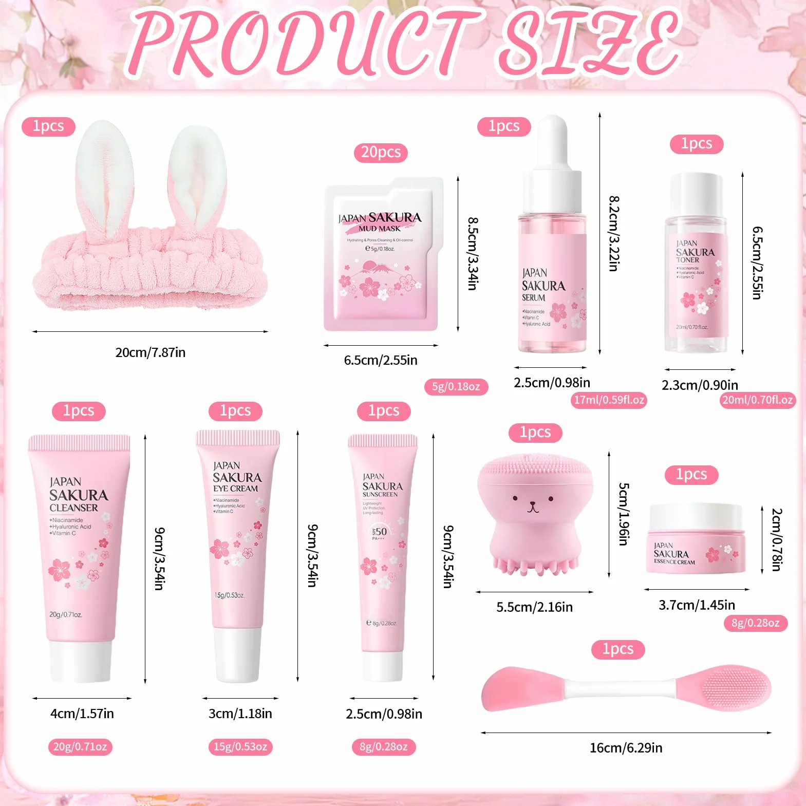 29 Pezzi Kit per la Cura della Pelle Sakura, include Detergente, Tonico, Crema Viso, Maschera, Siero e Crema per Gli Occhi, Mini Size da Viaggio Prodotti Skincare per Ragazze e Donne