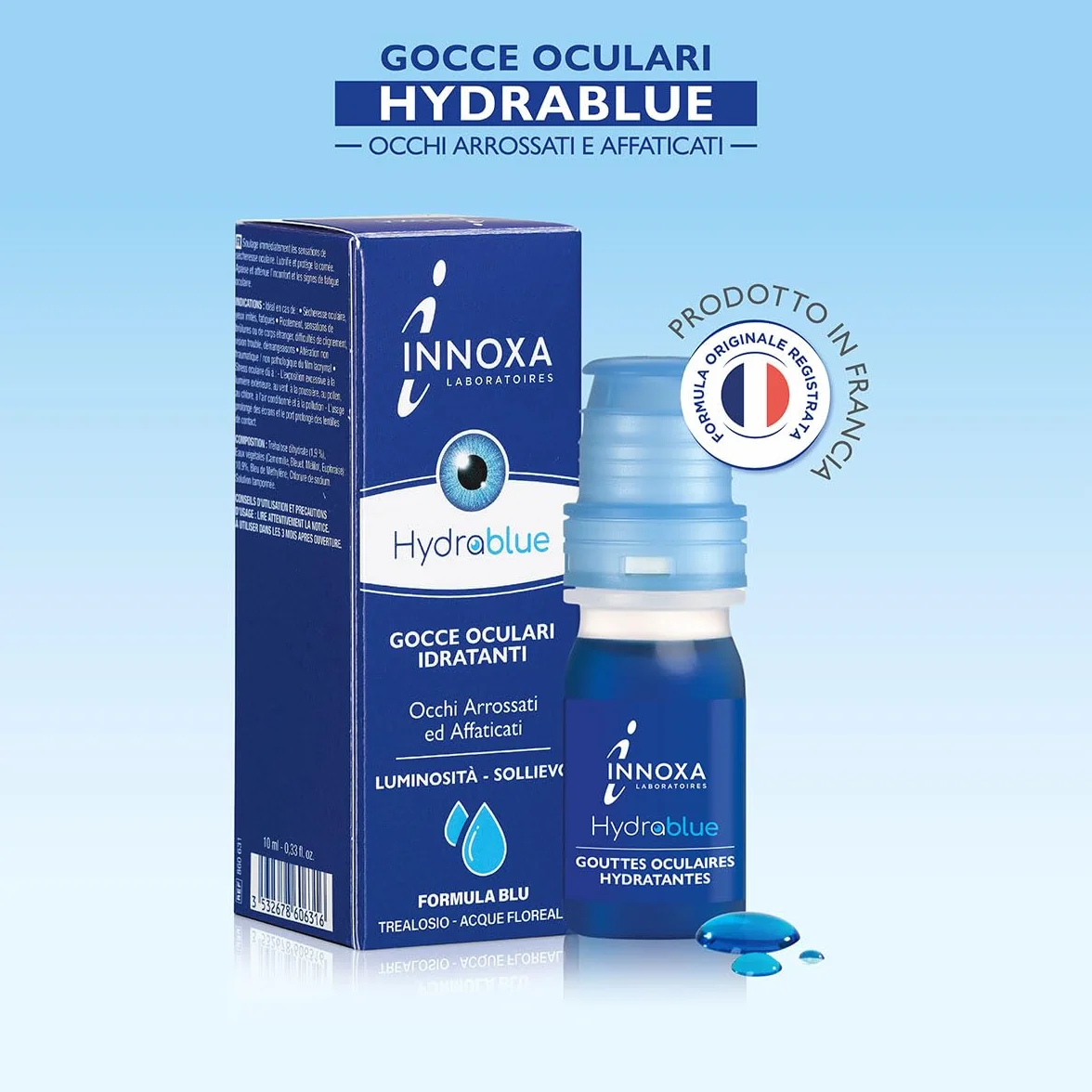 INNOXA - Gocce Oculari Formula Blu - Sbianca il Bianco degli Occhi -Idrata gli Occhi Arrossati ed Affaticati - Formula Originale - Sterile e Senza Conservanti - Prodotto in Francia - 10 ml