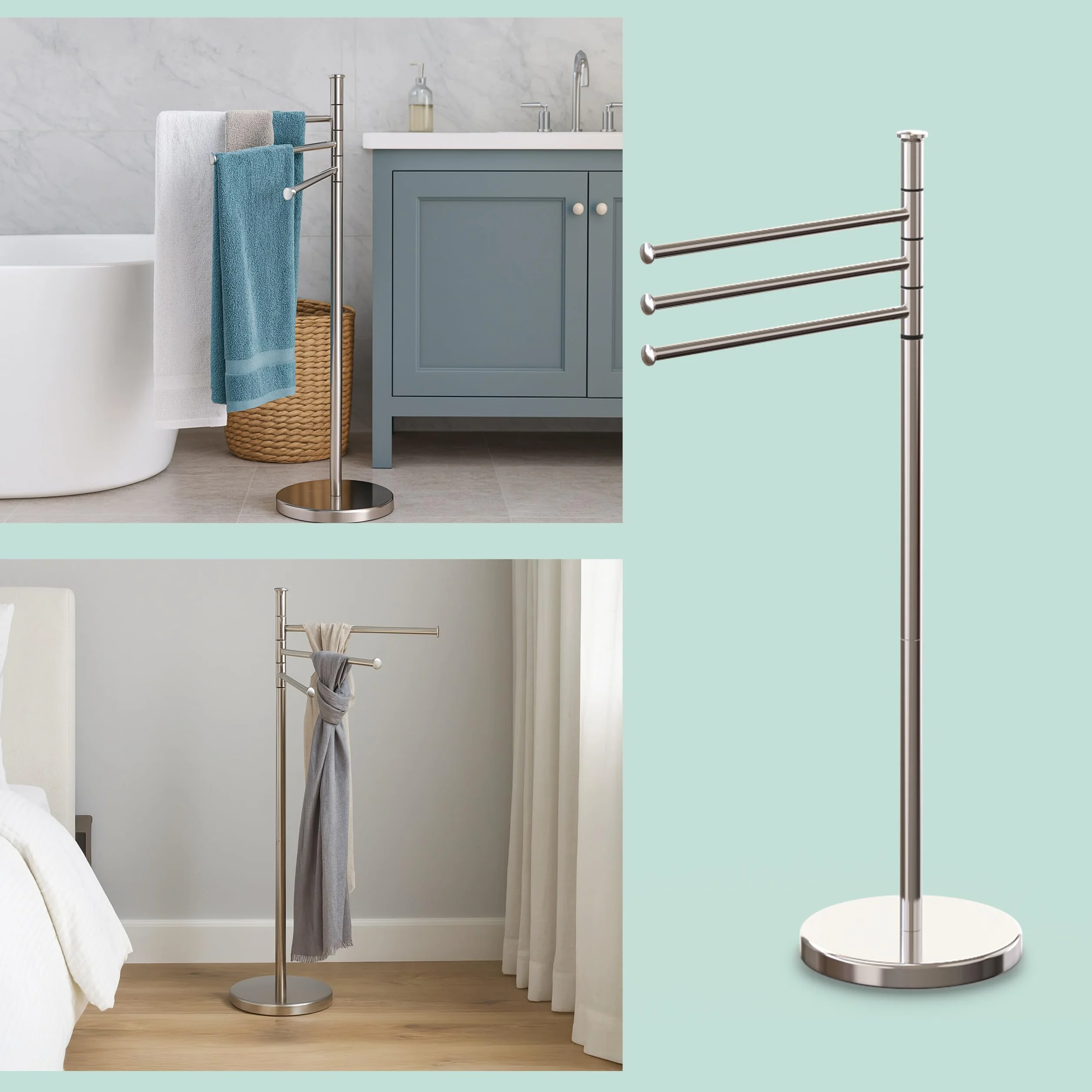 Relaxdays Piantana Portasciugamani da Terra 3 Bracci Rotanti Acciaio Inox 85,5x42x22 cm