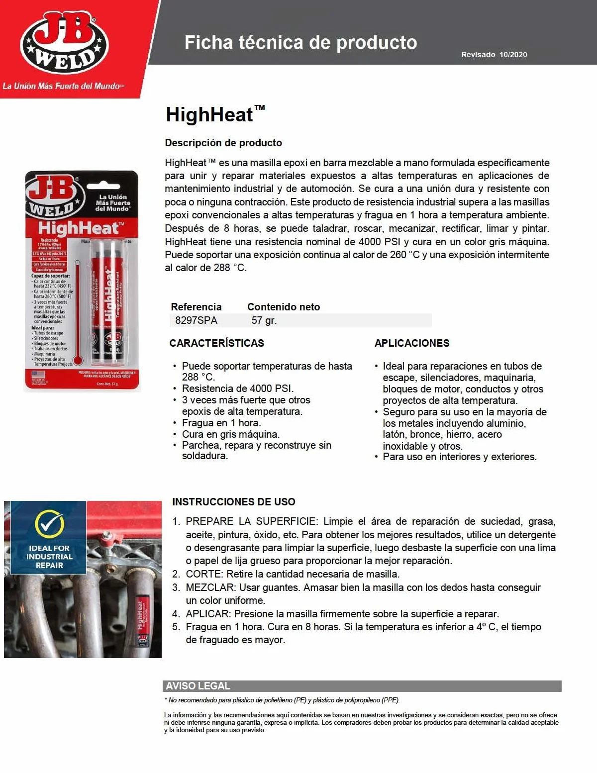 J-B Weld 8297SPA Barretta bicomponente resina epossidica metallo mastice alte temperature fino a 232°C 57gr