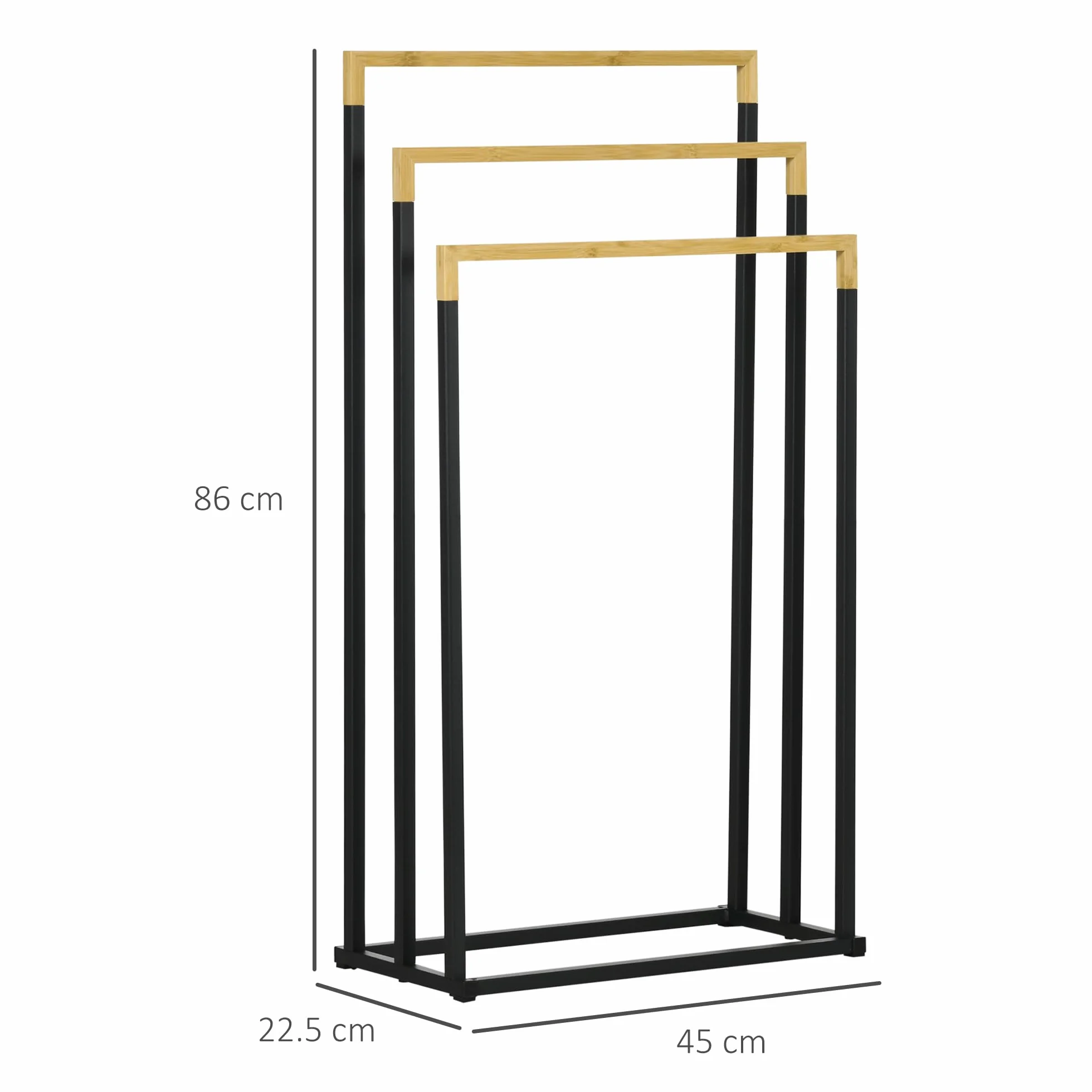 Kleankin Portasciugamani 3 Sbarre Bambù Acciaio Autoportante 45x22.5x86 cm Nero