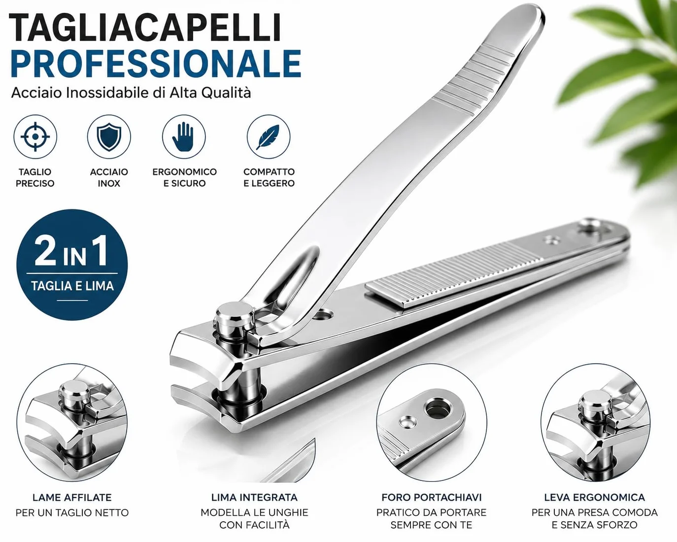 Tagliaunghie Professionale in Acciaio Inox- con lime per unghie integrate, tagliaunghia in acciaio inossidabile resistente per unghie spesse, affilato per uomini e donne