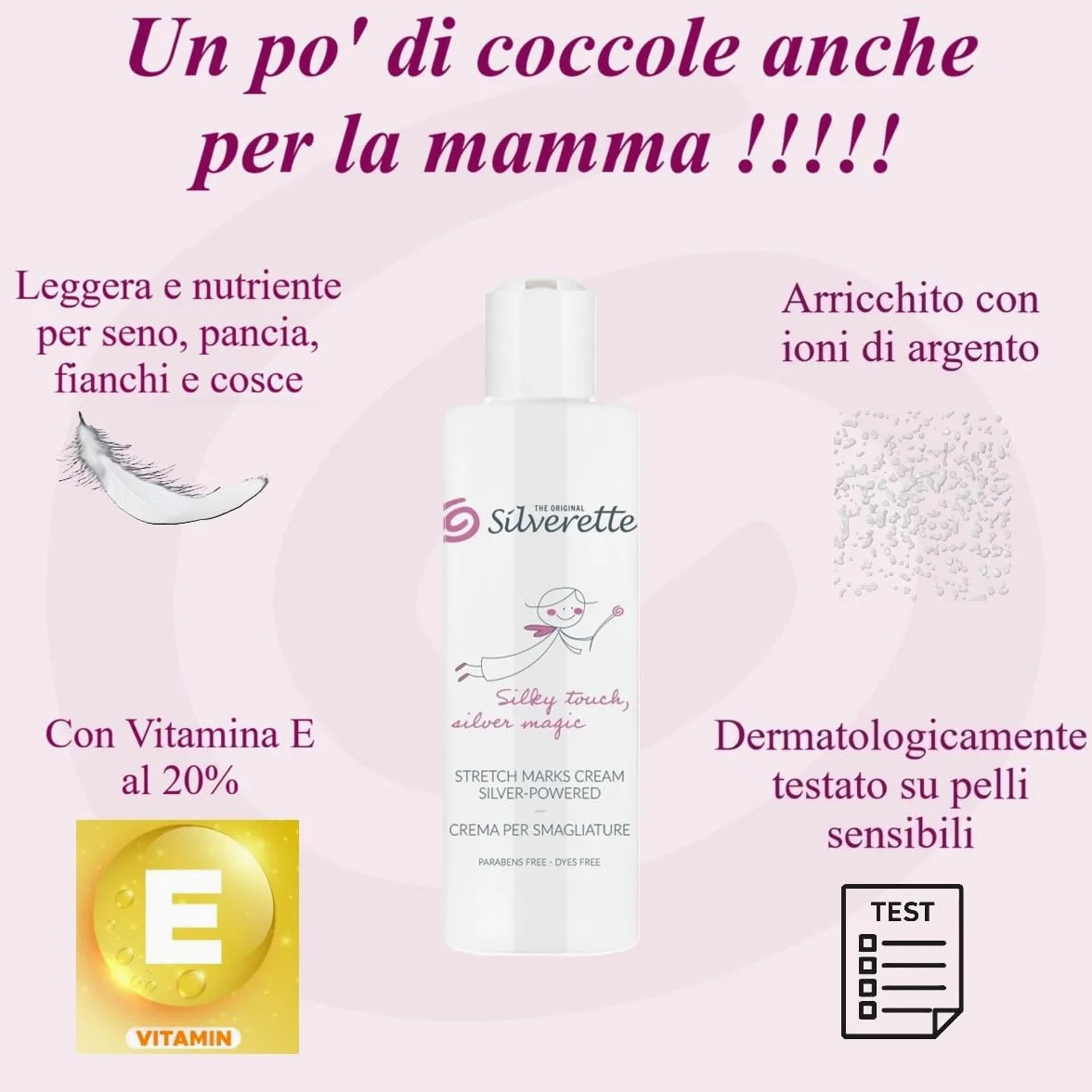 Silverette The Original Crema Smagliature Gravidanza e Post Parto, Elasticizzante con Vitamina E e Ioni d’Argento, Idratante e Nutriente, Dermatologicamente Testata, Made in Italy, 200 ml