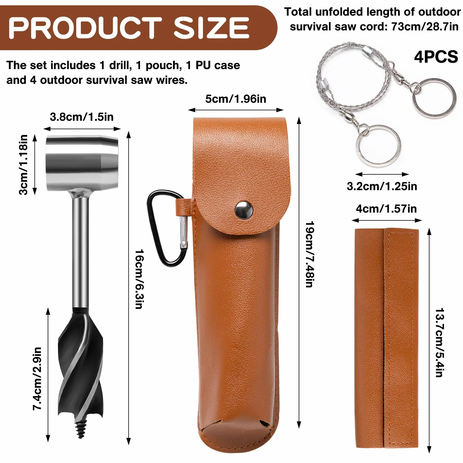 Trivella Manuale per Legno con 4 Sega a Filo di Emergenza Custodia In Pelle Punta da Trapano Multiuso Bushcraft Survival Tools