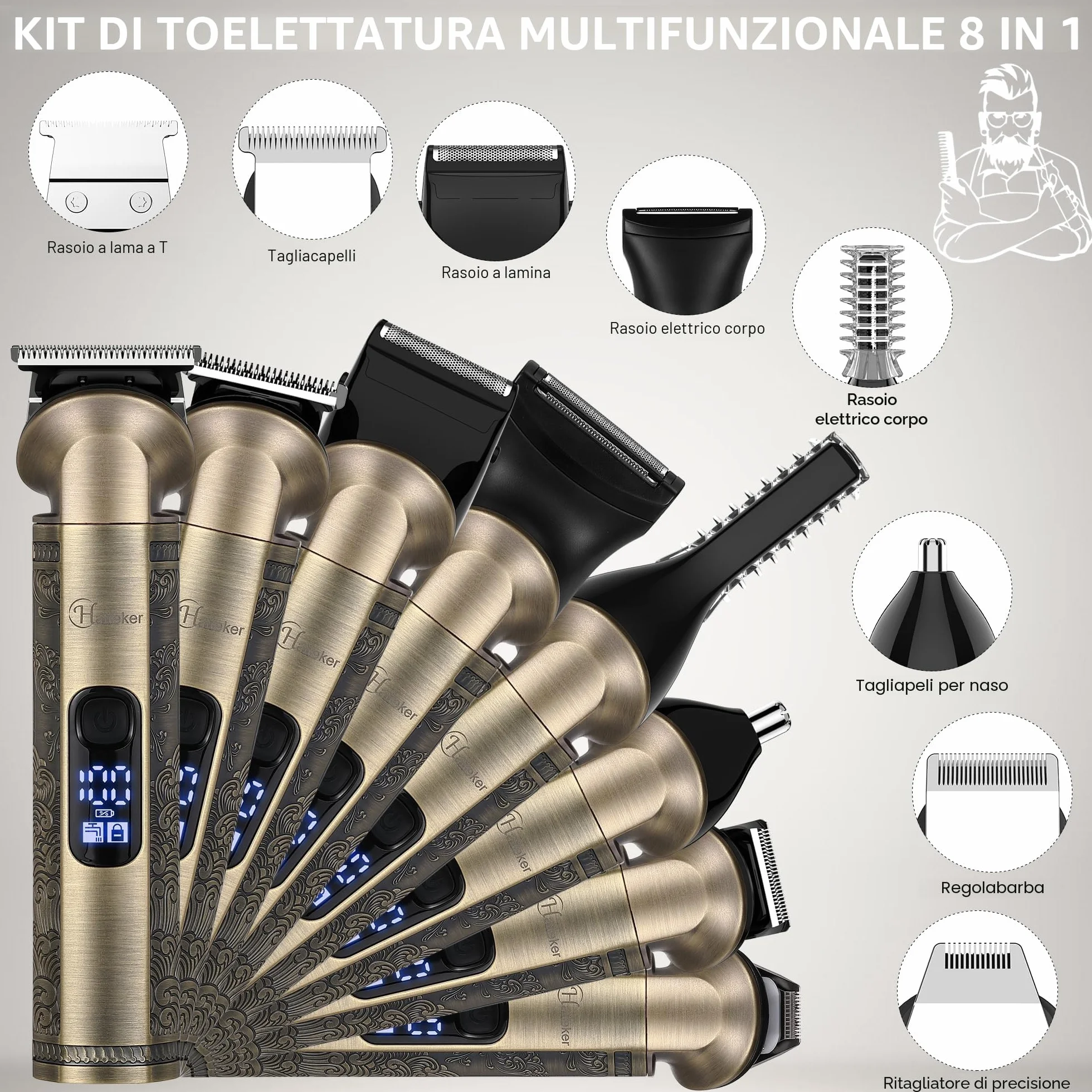 Hatteker Regolabarba Rasoio Elettrico Barba Tagliacapelli uomo Professionale Macchinetta per Barba Taglia Peli Naso Corpo 8 in 1