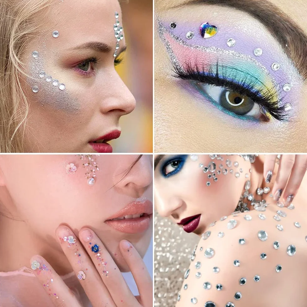 URAQT Strass Adesivo, 1800+ Pz Brillantini di Gemme per Make Up, Glitter per Viso Corpo Occhi, Decorazioni per Carnevale, Feste, Trucco