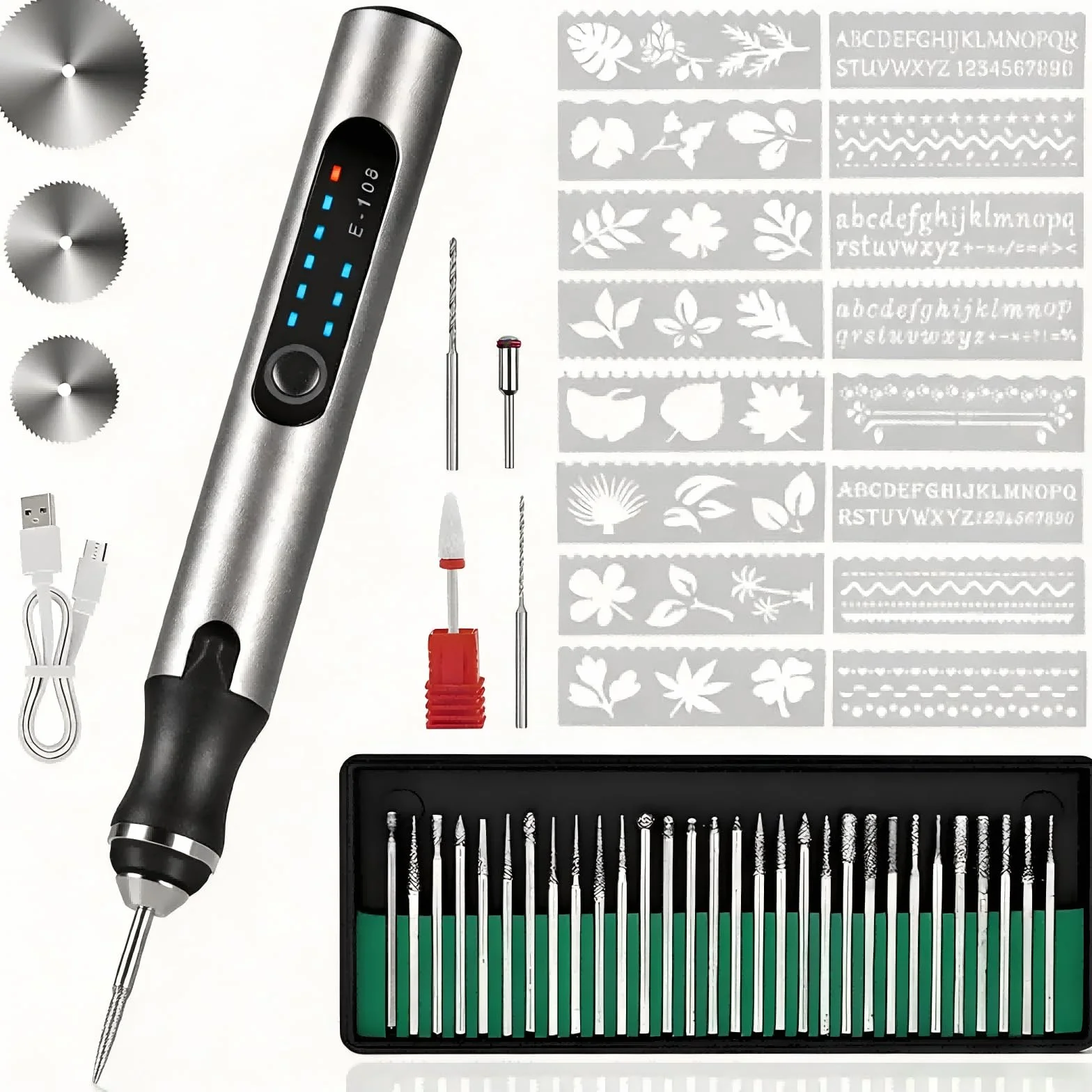 Penna Incisione Elettrica Ricaricabile 3 Velocità 5000-18000 giri/min USB-C 37 Accessori + 16 Stencil Legno Vetro Metallo Pietra