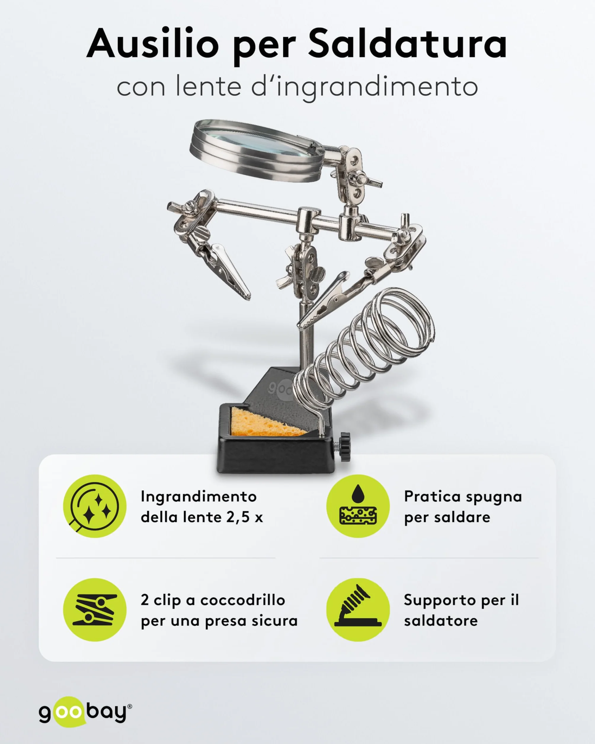 goobay Terza mano lente d'ingrandimento supporto saldatore ingrandimento 2,5x morsetti a coccodrillo flessibili base robusta