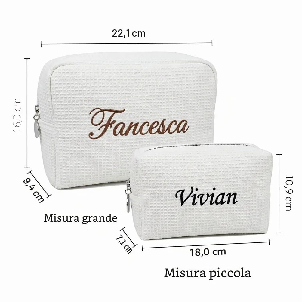 Borsa da trucco personalizzata con nome ricamato, borsa da bagno in maglia goffrata personalizzata per donne, borsa da viaggio grande e piccola borsa da trucco per regali da damigella
