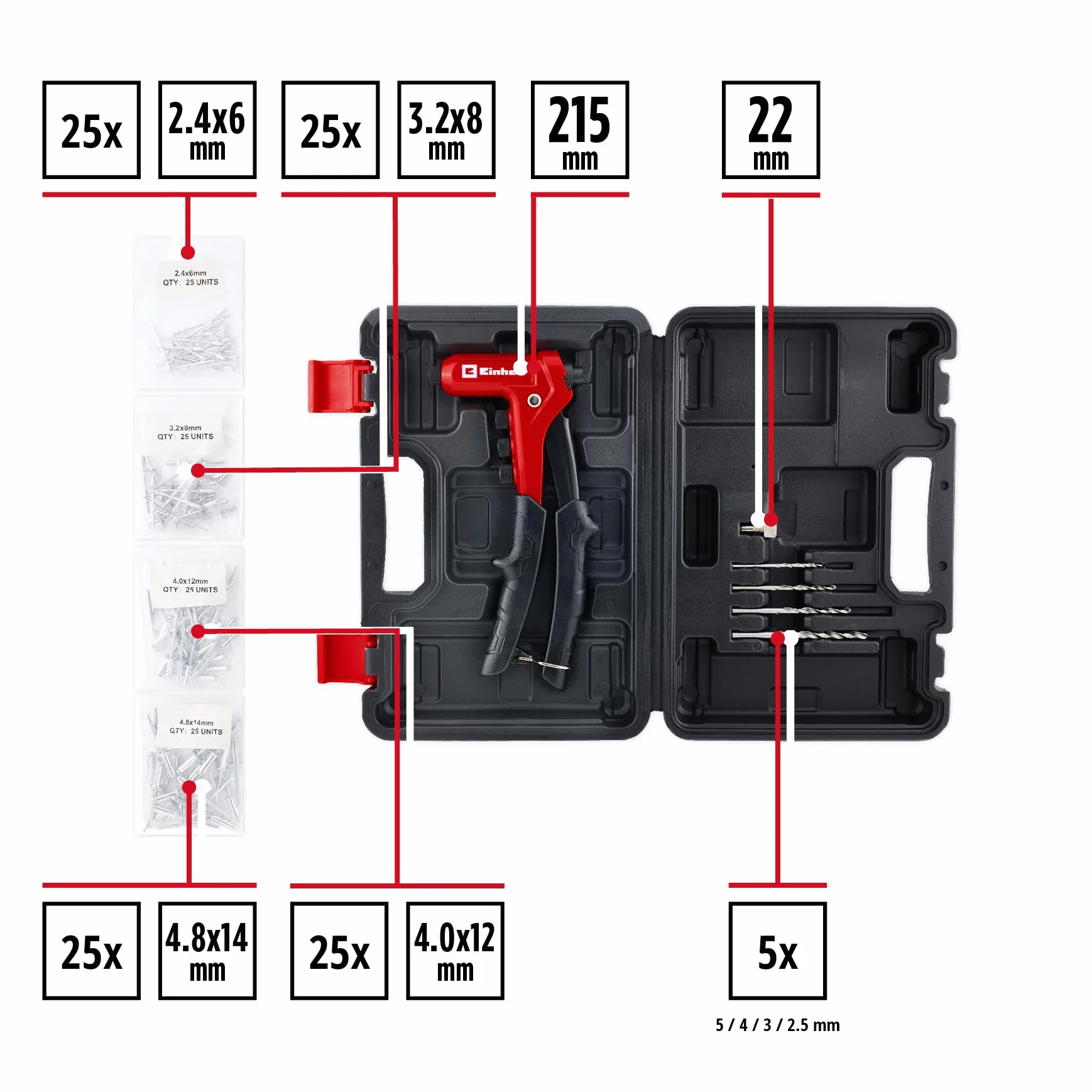 Einhell Pinza Rivettatrice Set 100 Rivetti 4 Ugelli Valigetta
