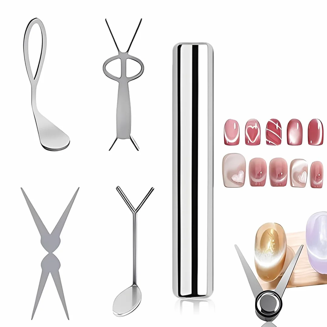 5 Magnete per Unghie 5 in 1 con Manico in Legno, Strumento Magnetico Versatile per Smalto in Gel Cat Eye, Accessorio per Nail Art, con Scatola Trasparente