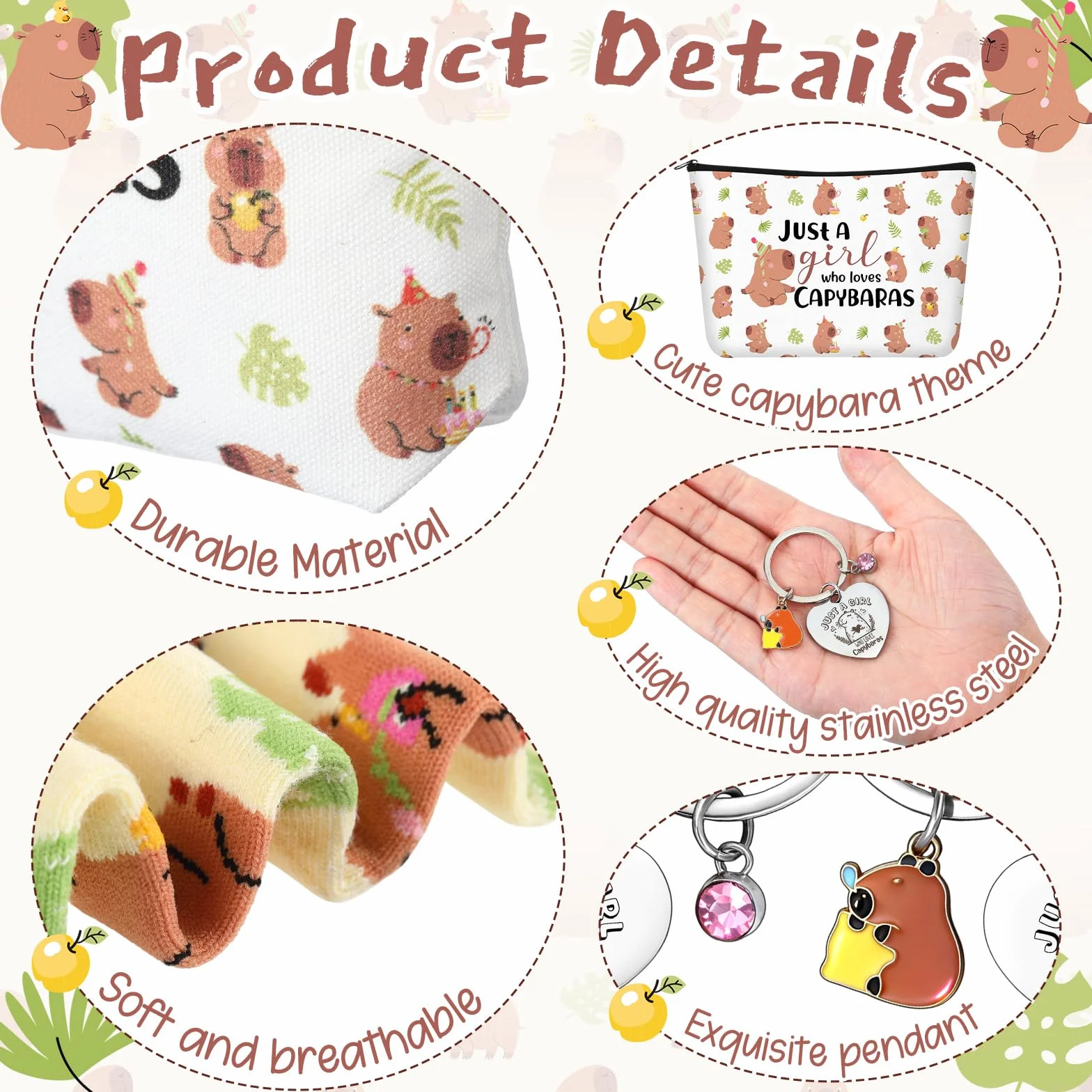 Xuniea Set Regalo Capibara 3 Pezzi - Pochette Trucco, Portachiavi e Calzini con Scritta "Just a Girl Who Loves Capybaras" - Idea Regalo Natale, Compleanno per Amanti degli Animali, Amici, Colleghi