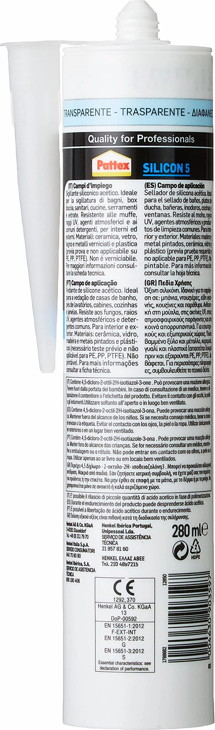 Pattex Silicone Multiuso Universale Trasparente Cartuccia 280ml Resistente Muffa