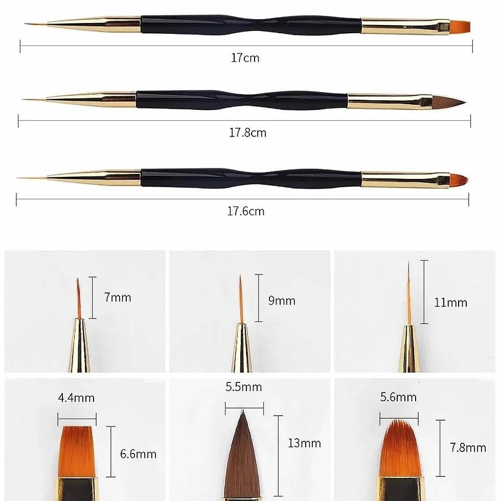 1 Set 3 Pennelli Arte Unghie Doppio Testa, Pennello Dettagli Professionale per Acrilico, Smalto Gel, Design Unghie Fai da Te, Strumenti Manicure