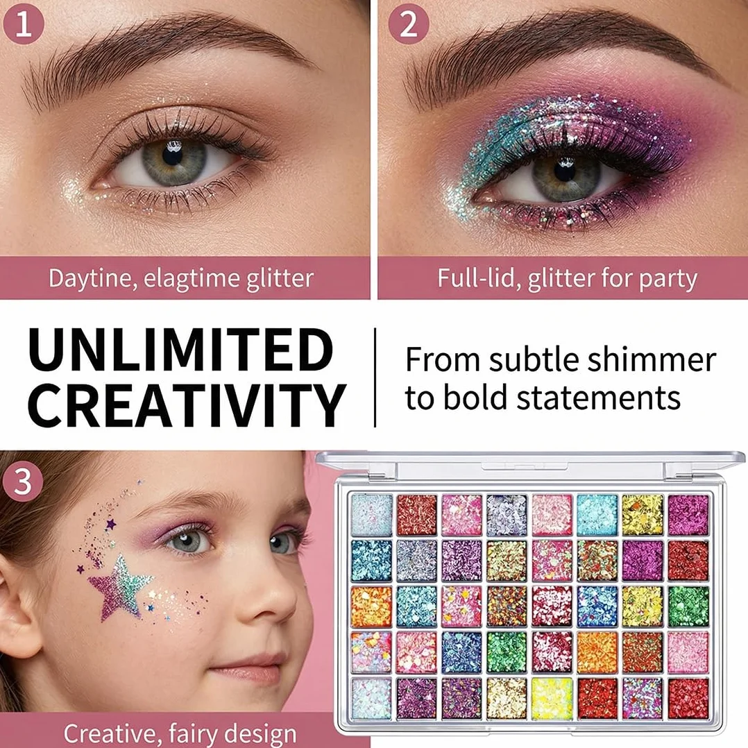 Palette Ombretti Glitter 40 Colori, Altamente Pigmentata per Viso & Corpo. Effetto Gel Lunga Durata per Trucchi Carnevale, Festa, Adulti & Bambini.