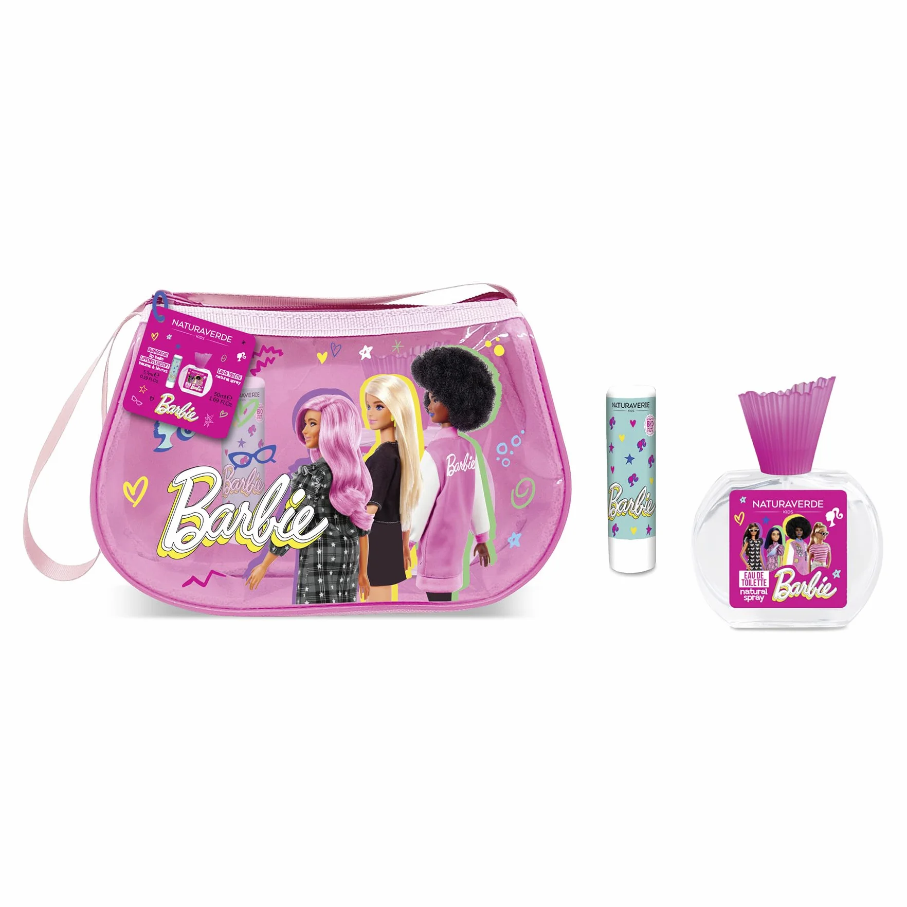 Naturaverde | Kids - Barbie Gift Set, Profumo 50 ml, Burrocacao alla Fragola 5,7 l & Borsetta Barbie