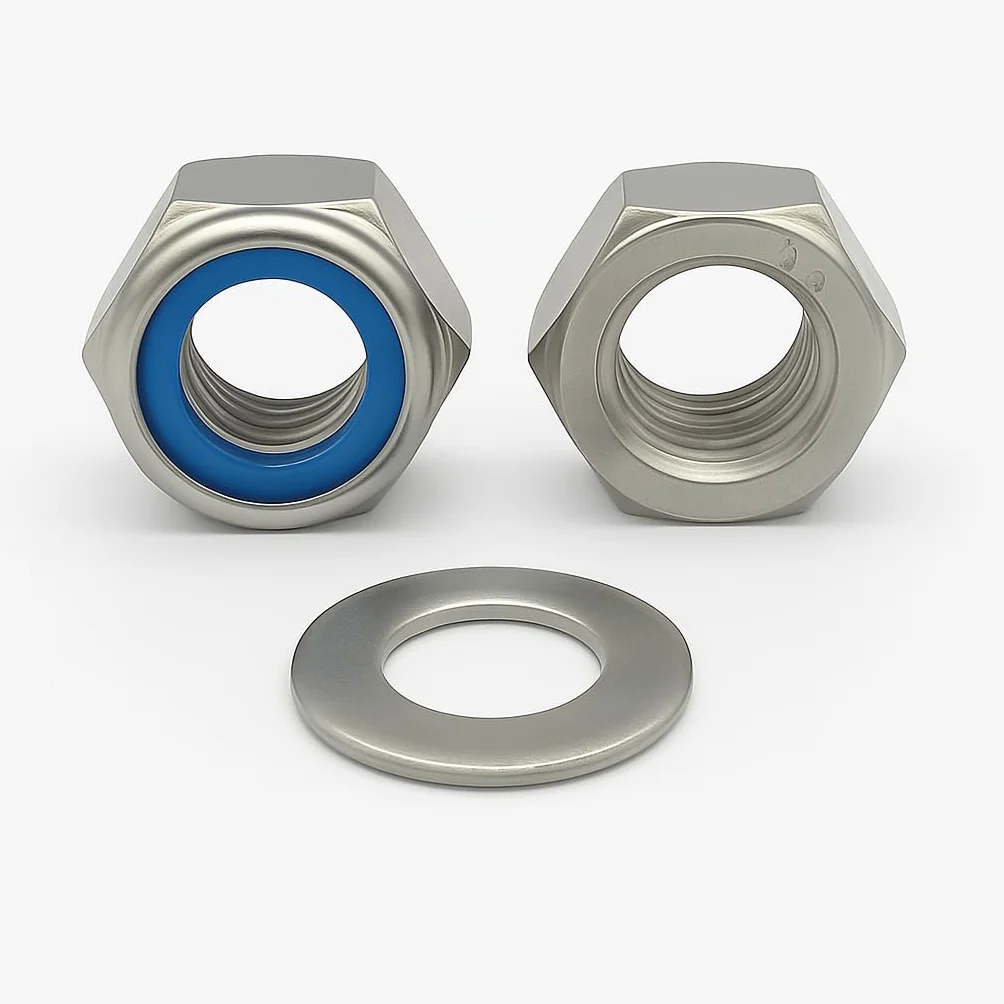 Dadi esagonali autobloccanti DIN 985 M8 A2 acciaio inox AISI 304 con rondelle piane DIN 125