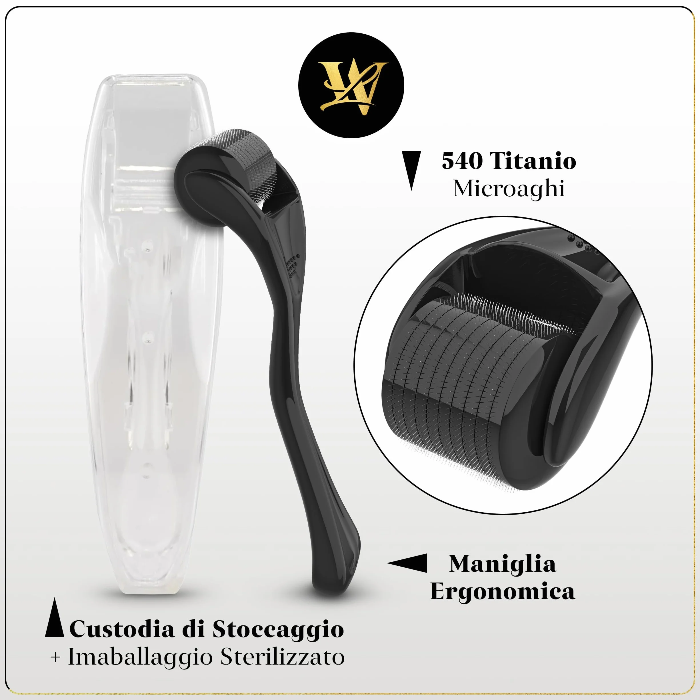 Derma Roller 1,0mm per pelle, dermaroller capelli e barba - Rullo microneedling in titanio per viso