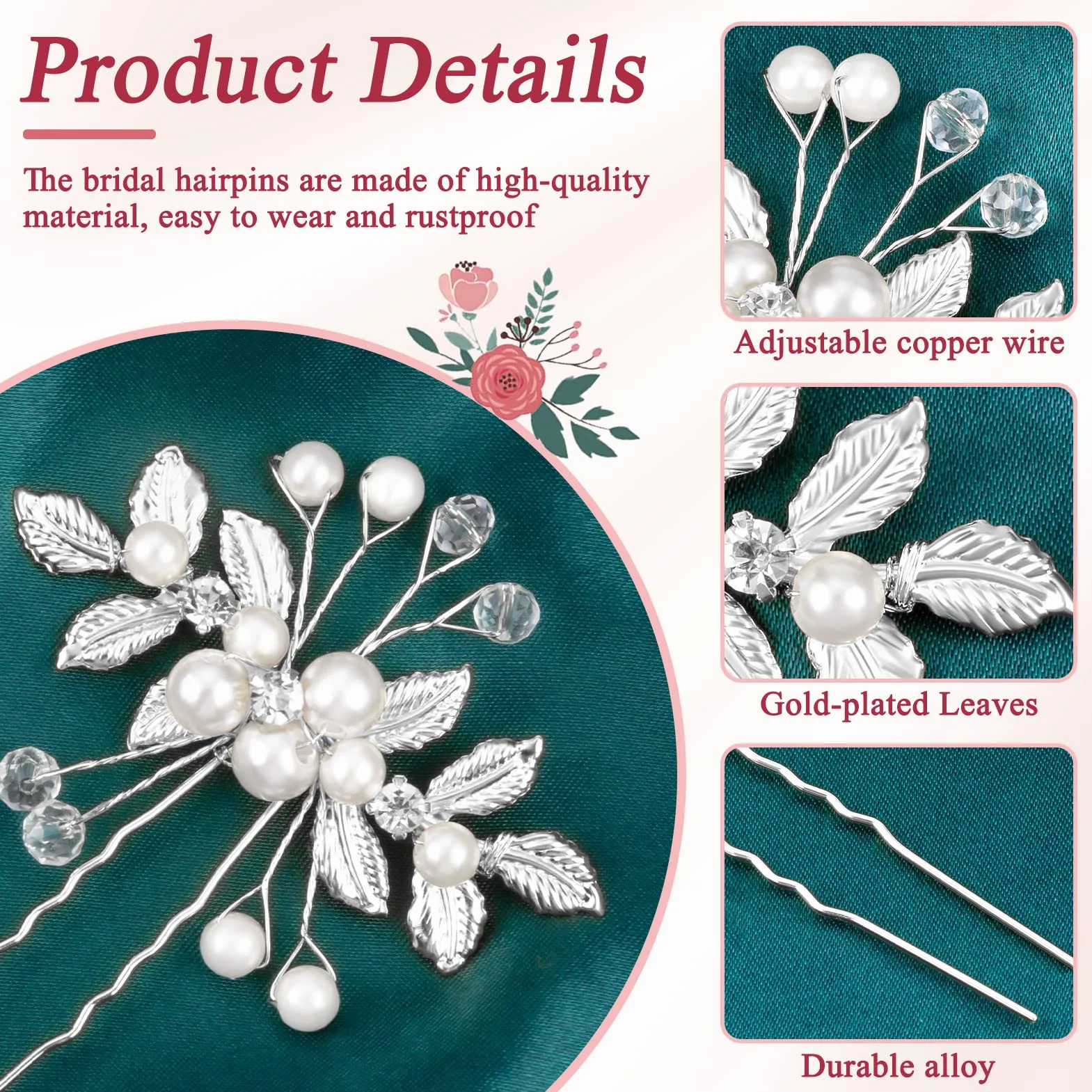4 Pezzi Accessori Capelli Sposa Pettine Fermaglio con Perle Strass Forcine a Forma di U per Donne e Ragazze