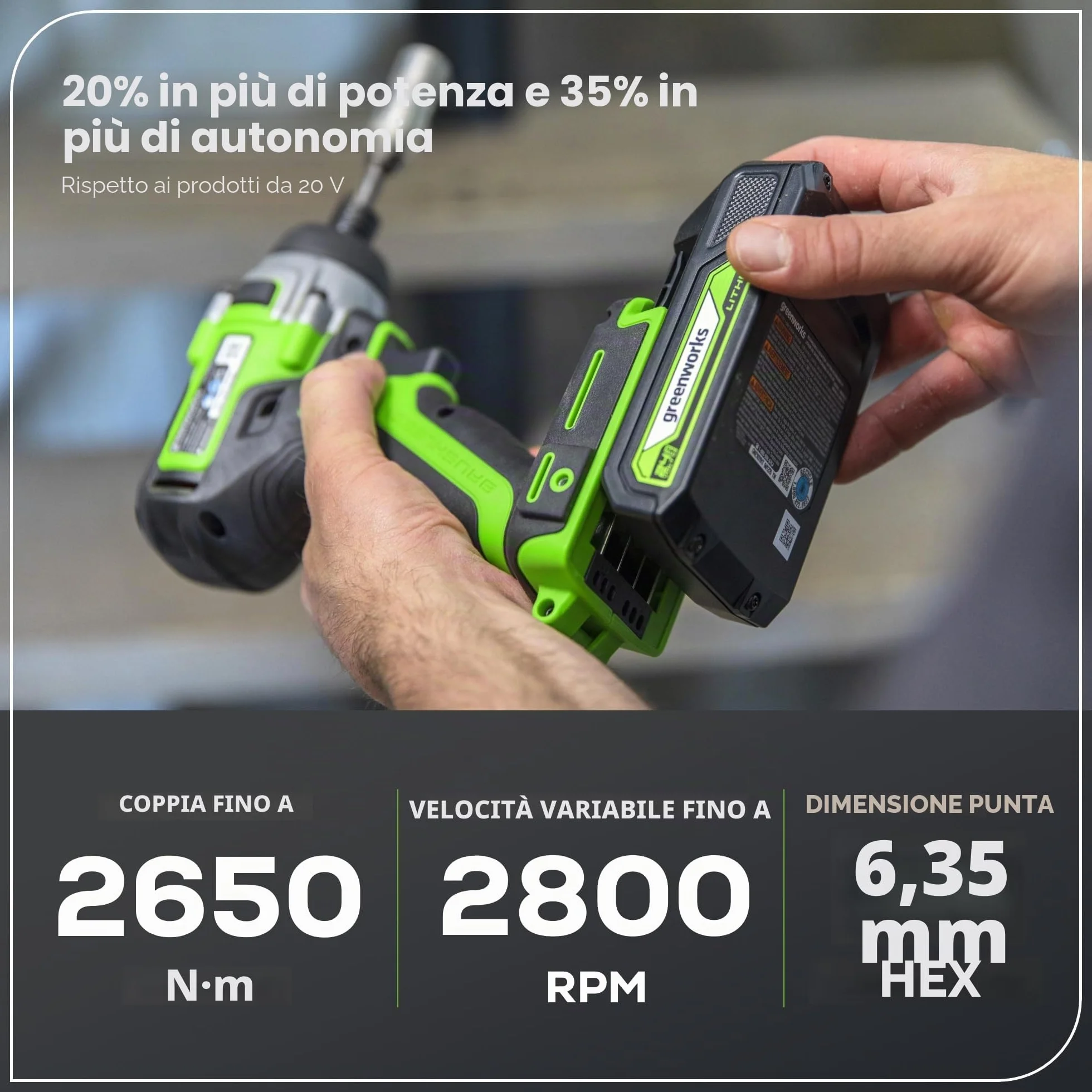 Greenworks Martello perforatore a batteria 24 V 1,2 J 300 Nm 2 Ah